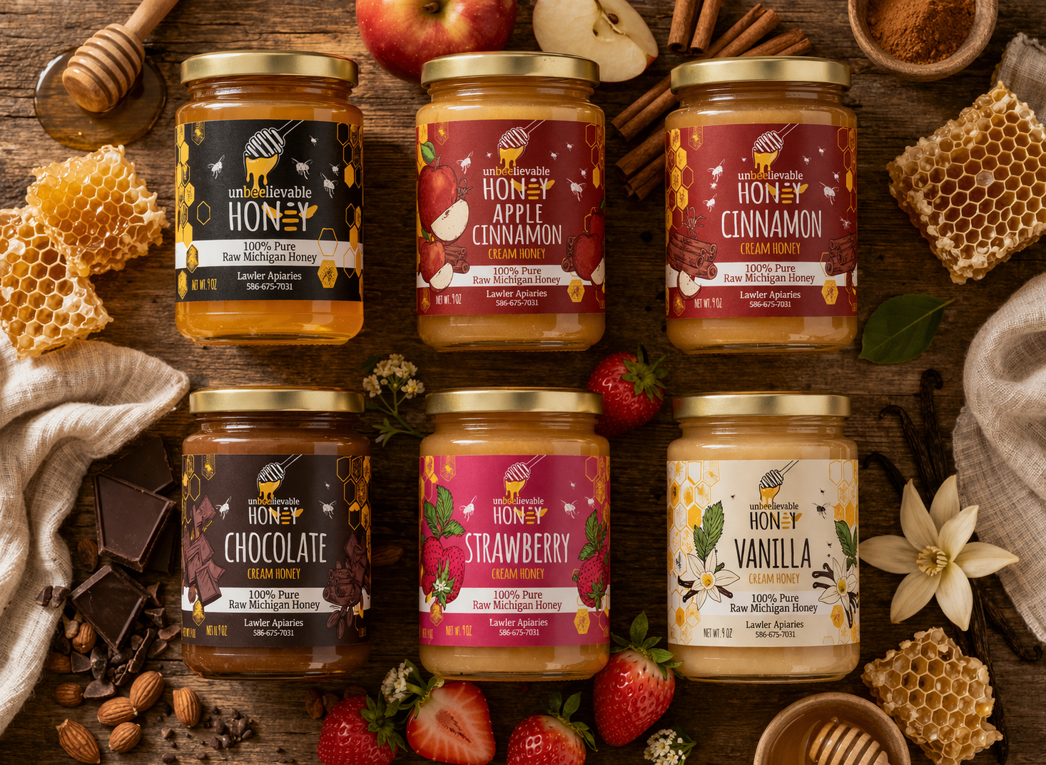 Rustic honey collection with assorted flavors.png