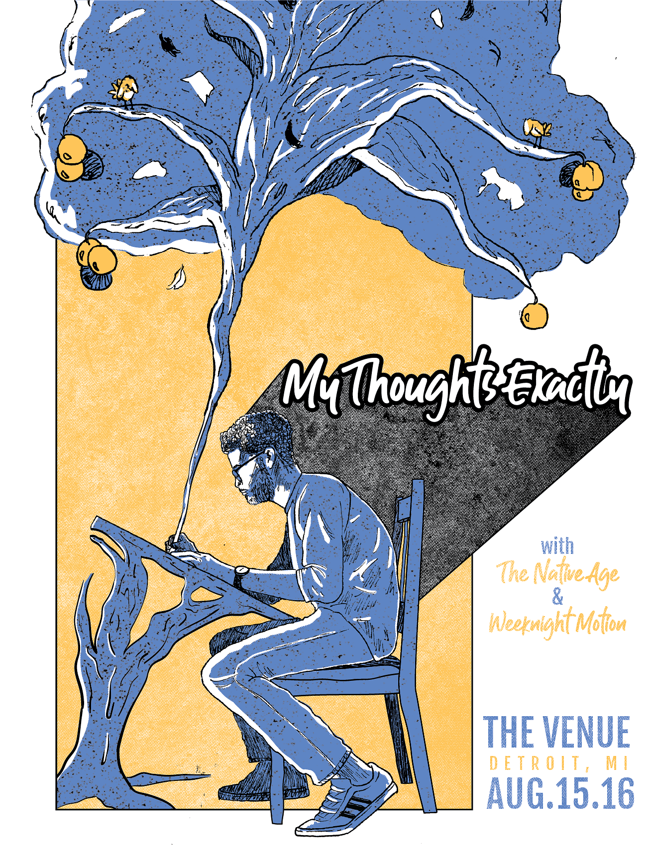 A man sitting in a chair, reading a book, with a large blue and yellow tree growing out of his head. Overlaid text includes event details and headline 'My Thoughts Exactly'.