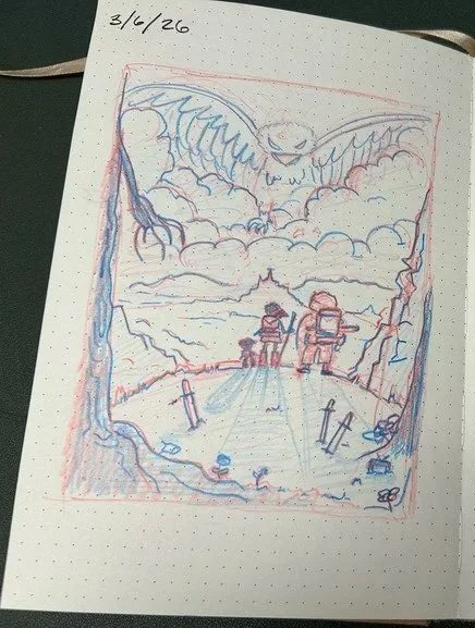 Sketch of two people walking down a path with a mountain, clouds, and a large, menacing creature with wings in the sky above.