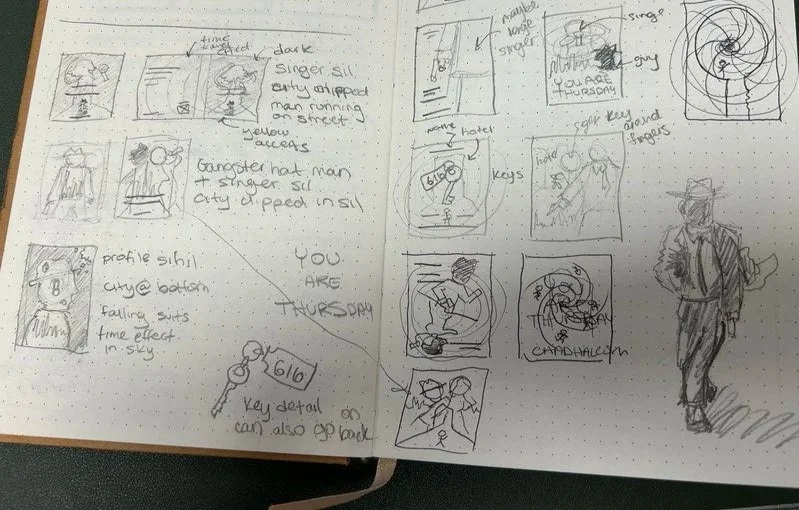 Handwritten sketches and notes about a comic or story involving a singer, a gangster, and a person in a falling suit, with some notes on features like keys and a key detail, and a detailed drawing of a man in a suit with a hat.