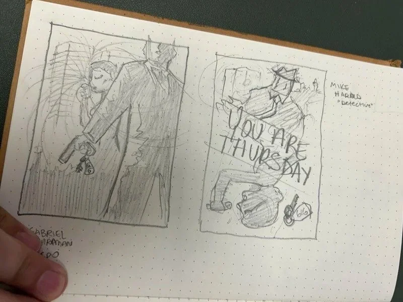 Sketched comic strip featuring a detective and a person with a gun, with a sign reading 'You are thoughts' and a bag of money, a gun, and a key with the number 666.