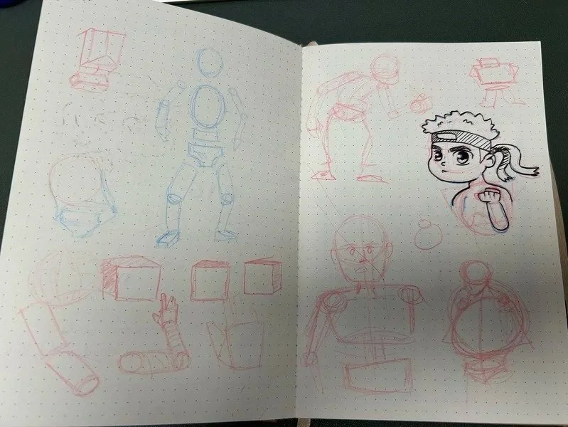 Sketchbook pages with various drawings of human figures, a robot, a girl with a headband, a cube, and a lamp, all in red and blue pencil.