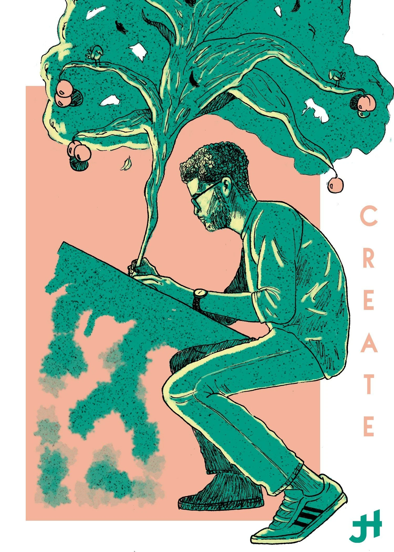 An illustration of a man with glasses and curly hair, wearing a casual outfit, seated and writing or drawing on a surface. Above him, a large stylized tree with growing mushrooms and leaves emerges, and its shadow is cast onto the ground. The backgro