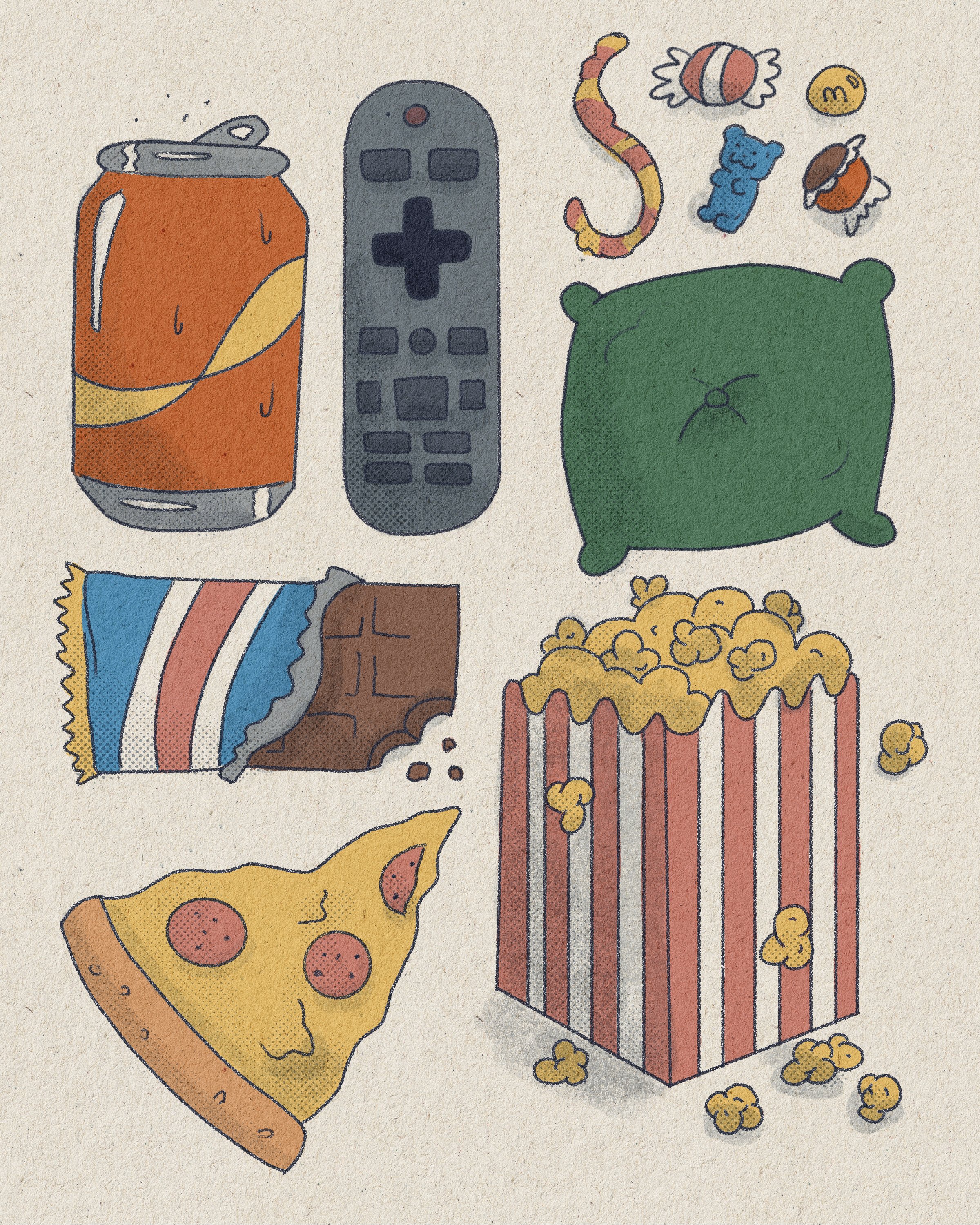 Illustration of snacks and entertainment items: an open soda can, a remote control, a green plush pillow, a candy bar, a slice of pepperoni pizza, and a striped box of popcorn.