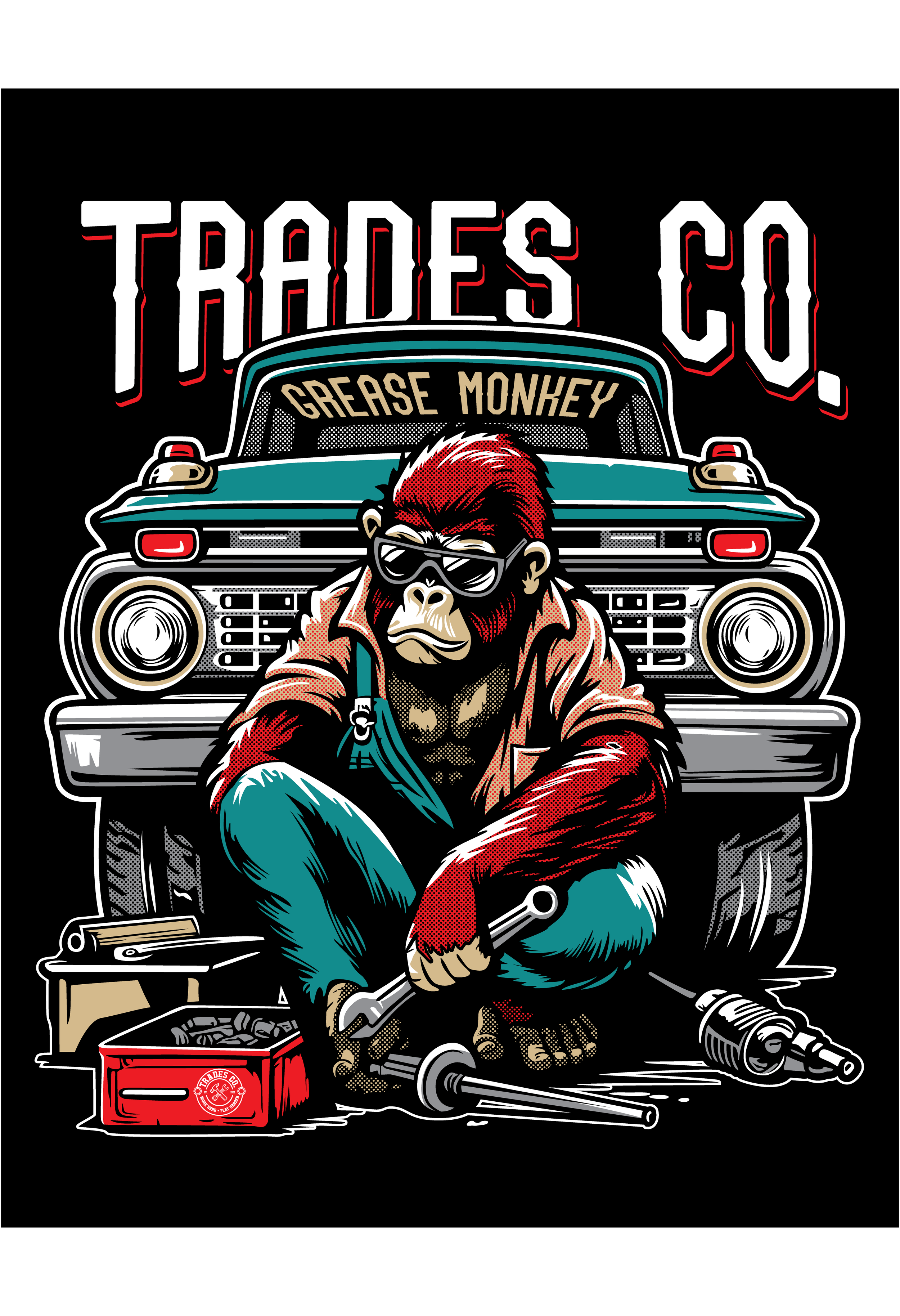 Cartoon illustration of a gorilla wearing sunglasses, crouching in front of an old car, with tools and a box of parts around it. The scene has a black background with the text 'Trades Co.' at the top and 'Grease Monkey' on the car's windshield.