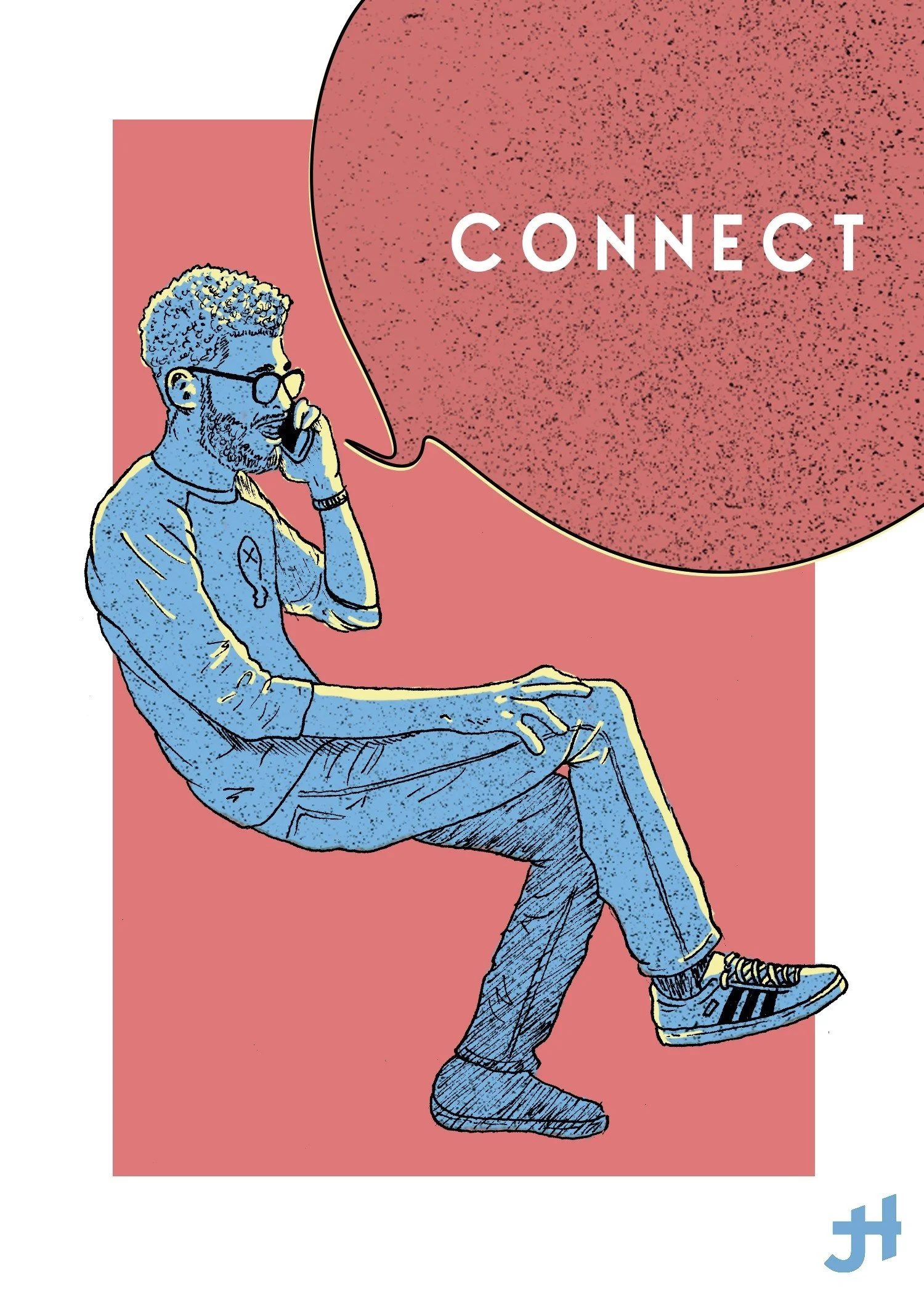 A man in casual clothing with glasses, sitting with one leg crossed over the other, talking on a cellphone. He is illustrated in a stylized, sketch-like manner with blue hues. A large speech bubble above him contains the word 'CONNECT' in white text 