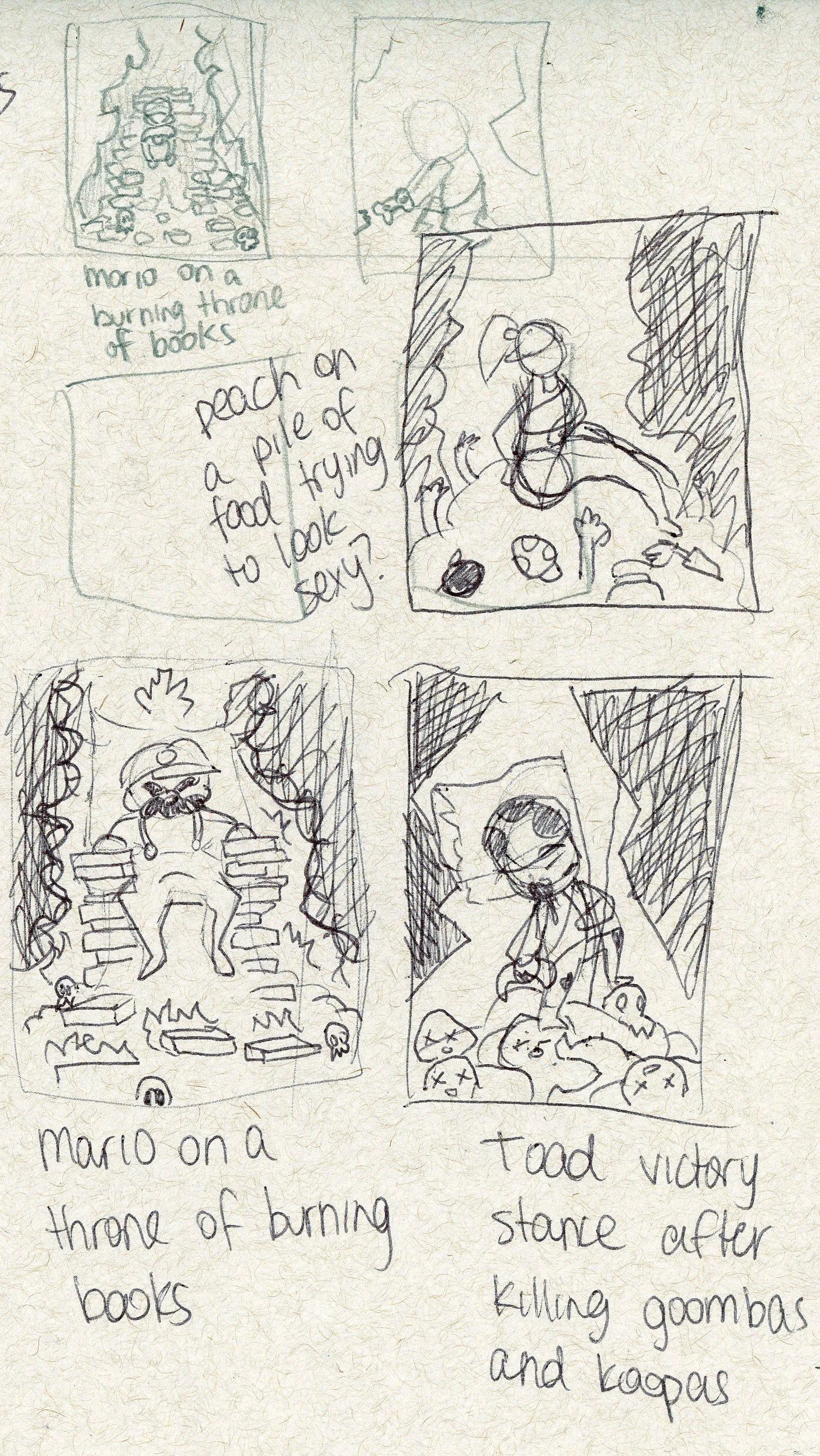 A hand-drawn comic strip depicting a story about Mario. The top left panel shows Mario on a throne of burning books with a caption reading "Mario on a throne of burning books." The top right panel features Mario peeking out from behind a curtain, thi