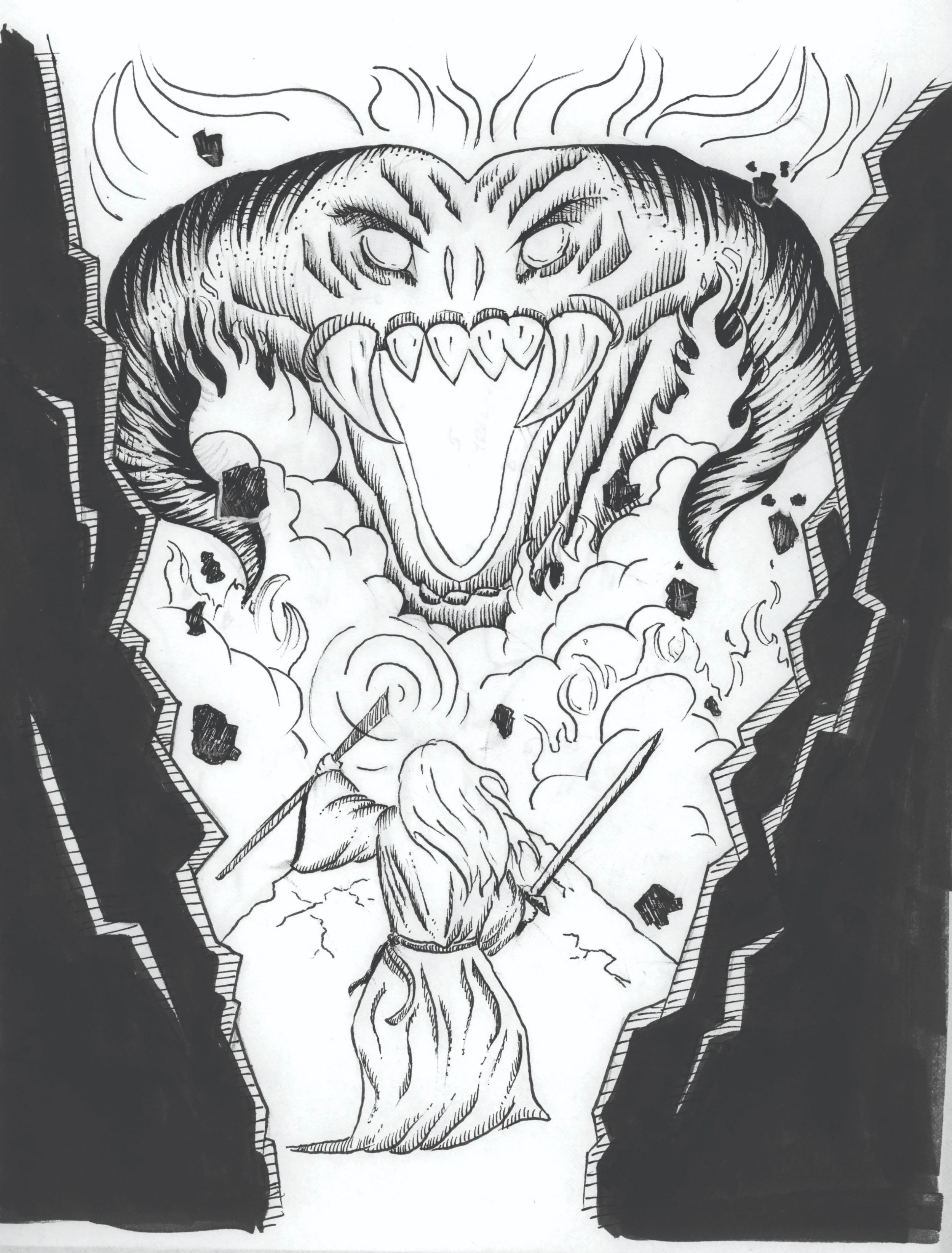 Black and white drawing of a fierce, demonic face with sharp teeth, large eyes, and surrounded by flames, smoke, and debris, with a hooded figure holding a sword at the bottom.