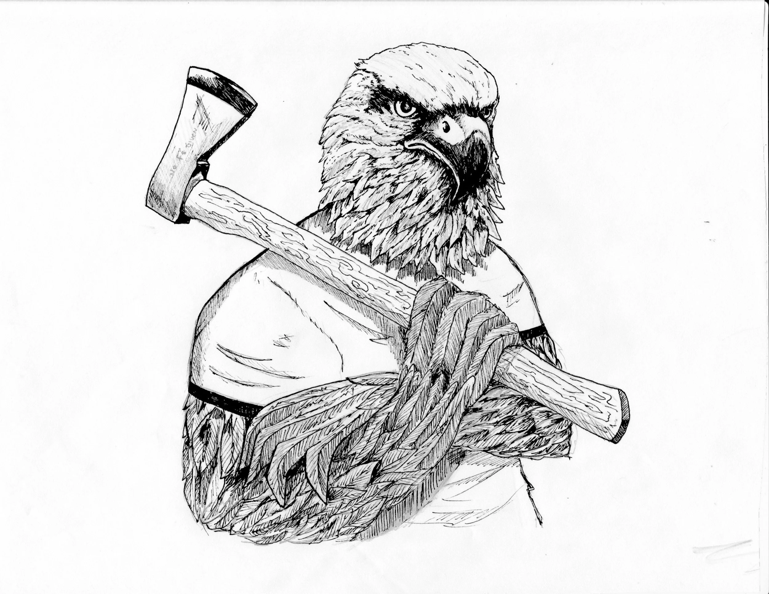 Black and white sketch of an eagle with an intense expression, holding an axe over its shoulder.
