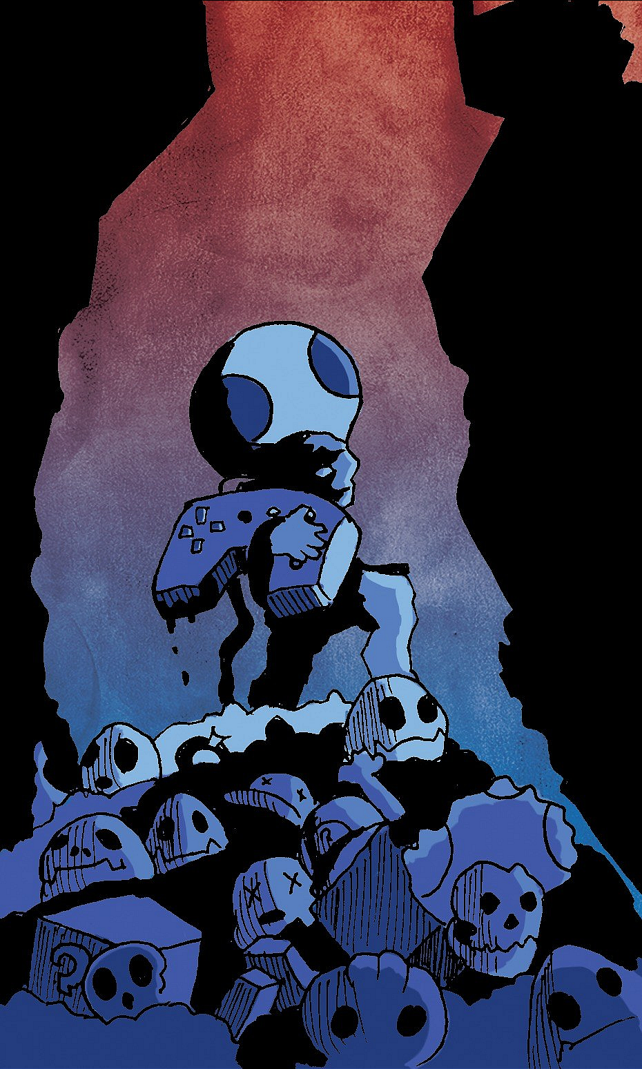 Digital illustration of a small skeleton with a skull in blue hues, surrounded by piled skulls and bones, with a colorful, textured background.