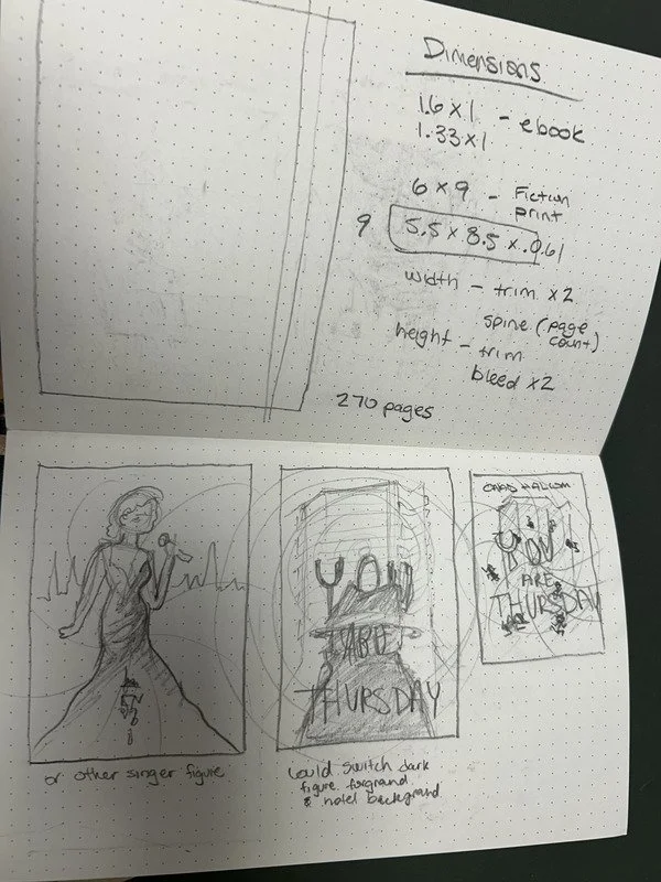 Hand-drawn sketches and handwritten notes on graph paper detailing dimensions for a project, including book sizes, printing details, and page counts, with three sketches of different designs for a promotional or event poster.