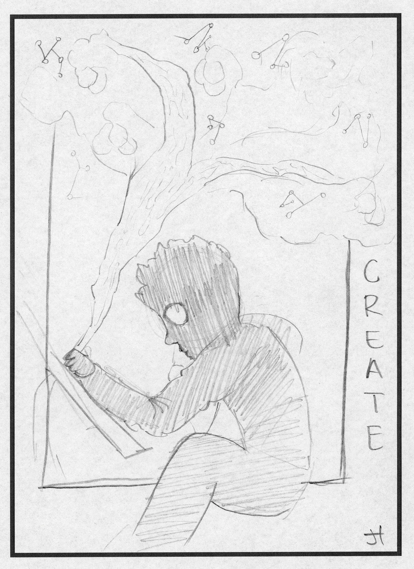 A pencil sketch of a woman with short hair looking at a tablet or book. The drawing is within a bordered frame, with the word 'CREATIVE' written vertically along the right side.