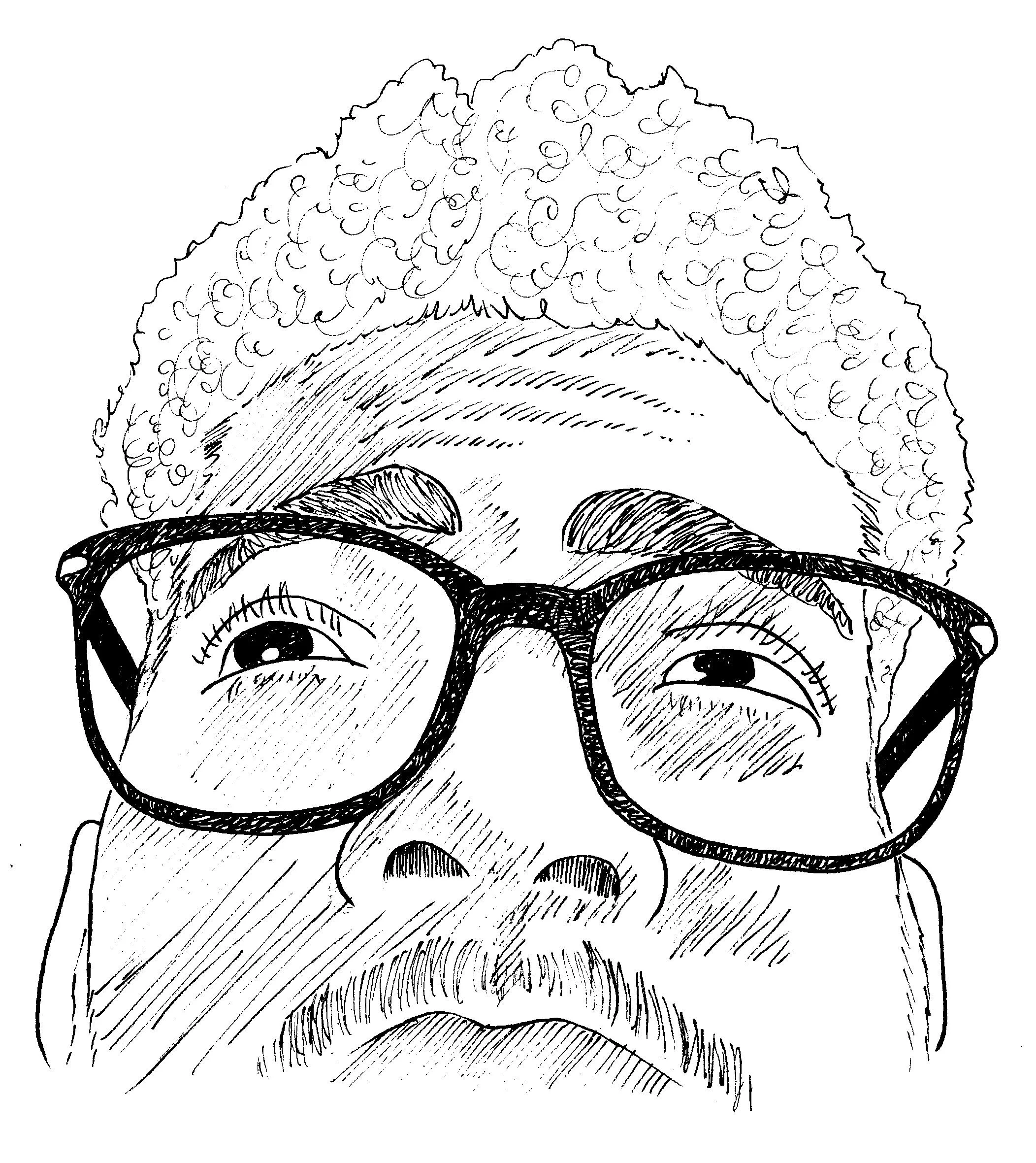 Black and white drawing of a person with glasses and curly hair.