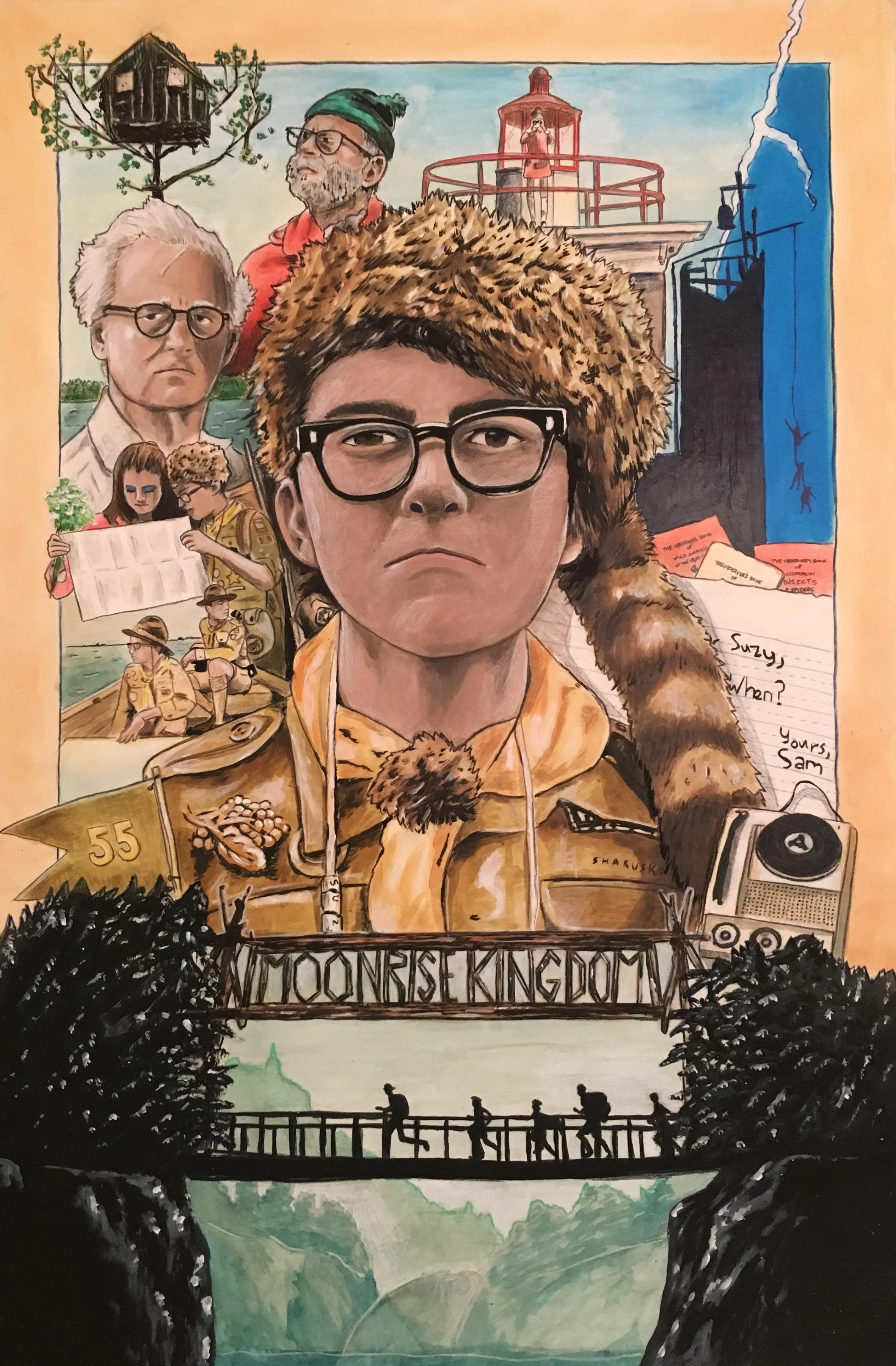 A detailed illustration featuring a young person in the foreground wearing glasses, a furry hat, and a scout uniform, surrounded by various scenes and elements including a lighthouse, lightning, a radio, outdoor activities, and people, with the words