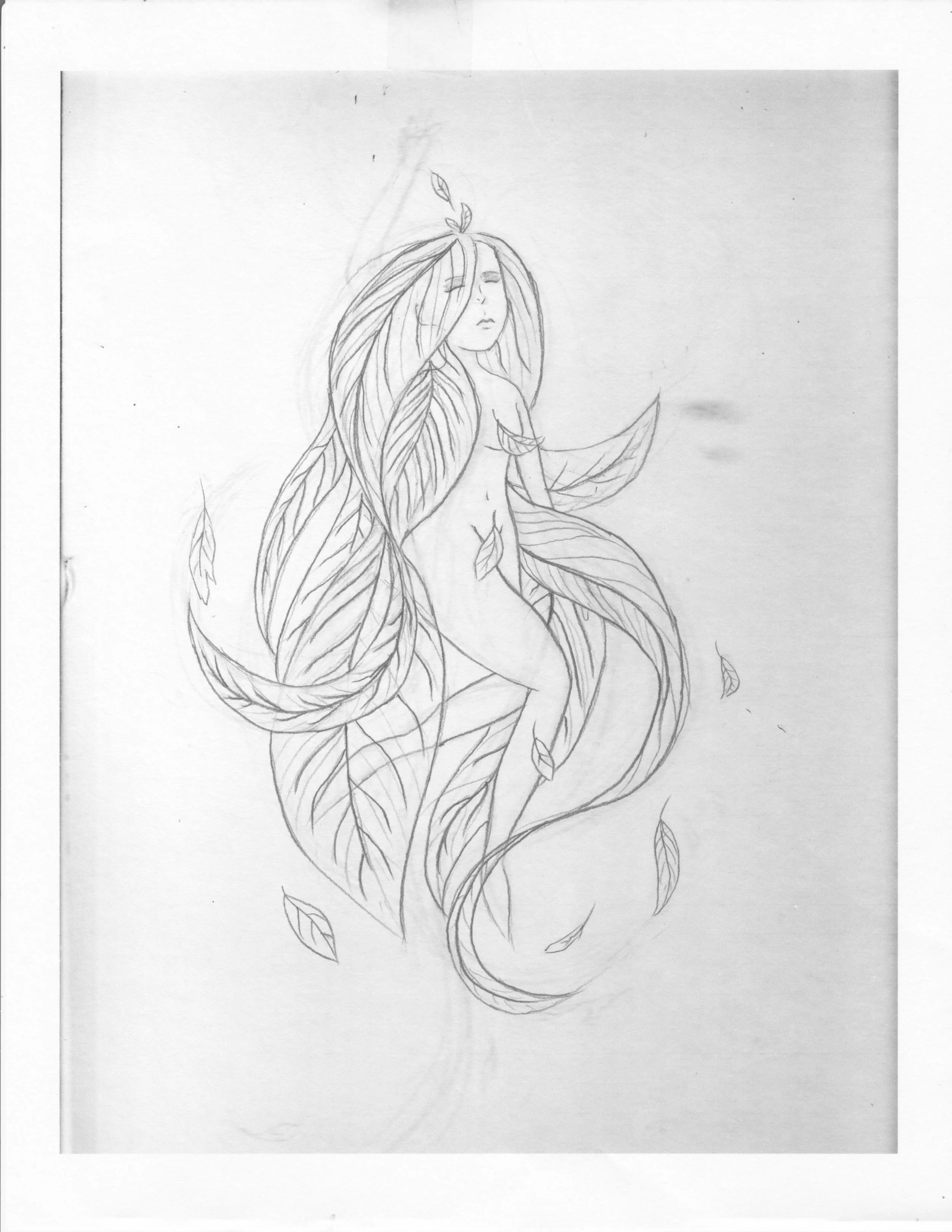 A pencil sketch of a woman with long flowing hair intertwined with large leaves, with her eyes closed and a peaceful expression.