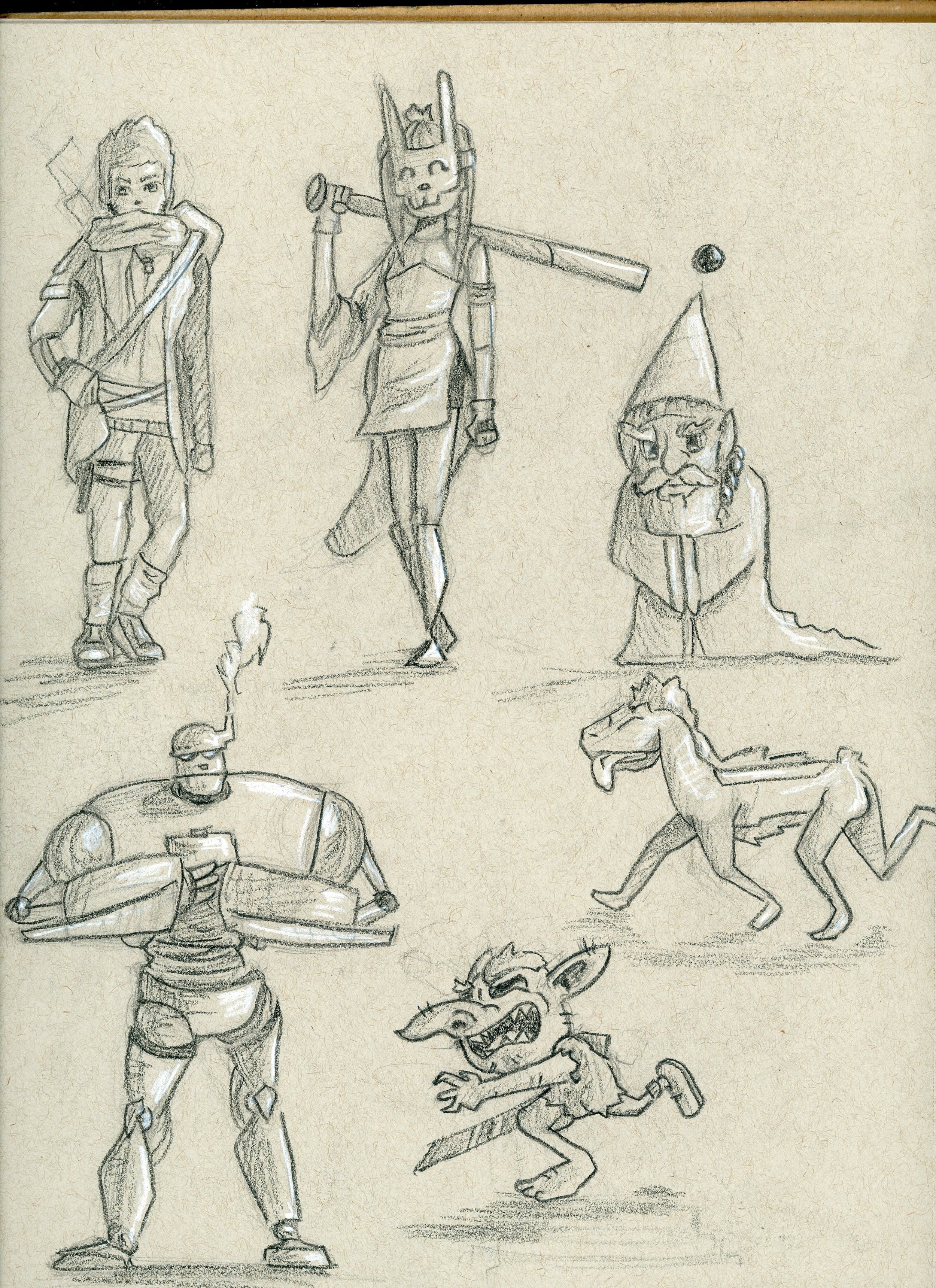 Sketches of various characters including a soldier, a robotic figure, a wizard, a dinosaur, and a wolf in a fantasy style.