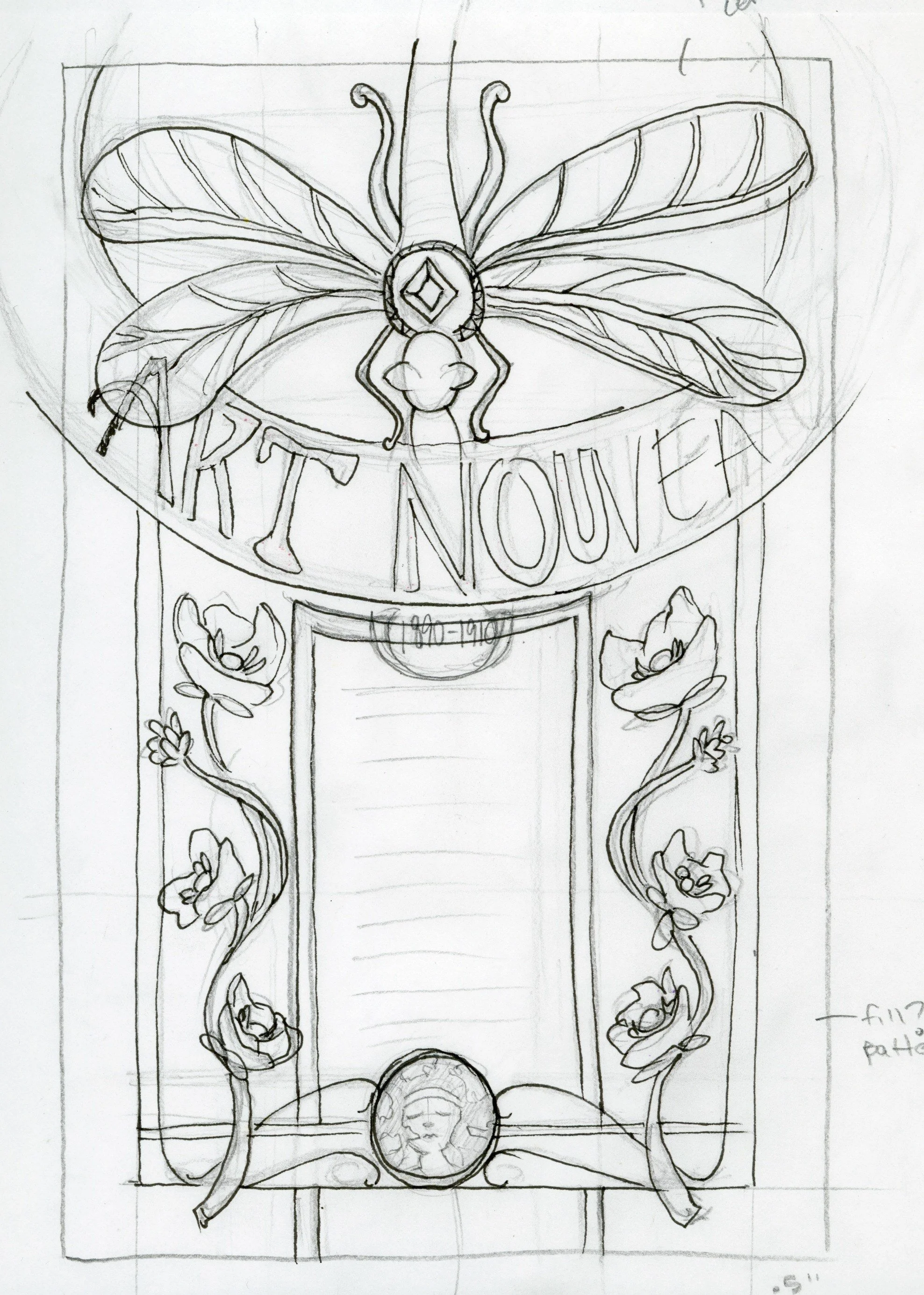 Sketch of a fascia design with a large butterfly at the top, floral elements on the sides, and a circular medallion at the bottom.