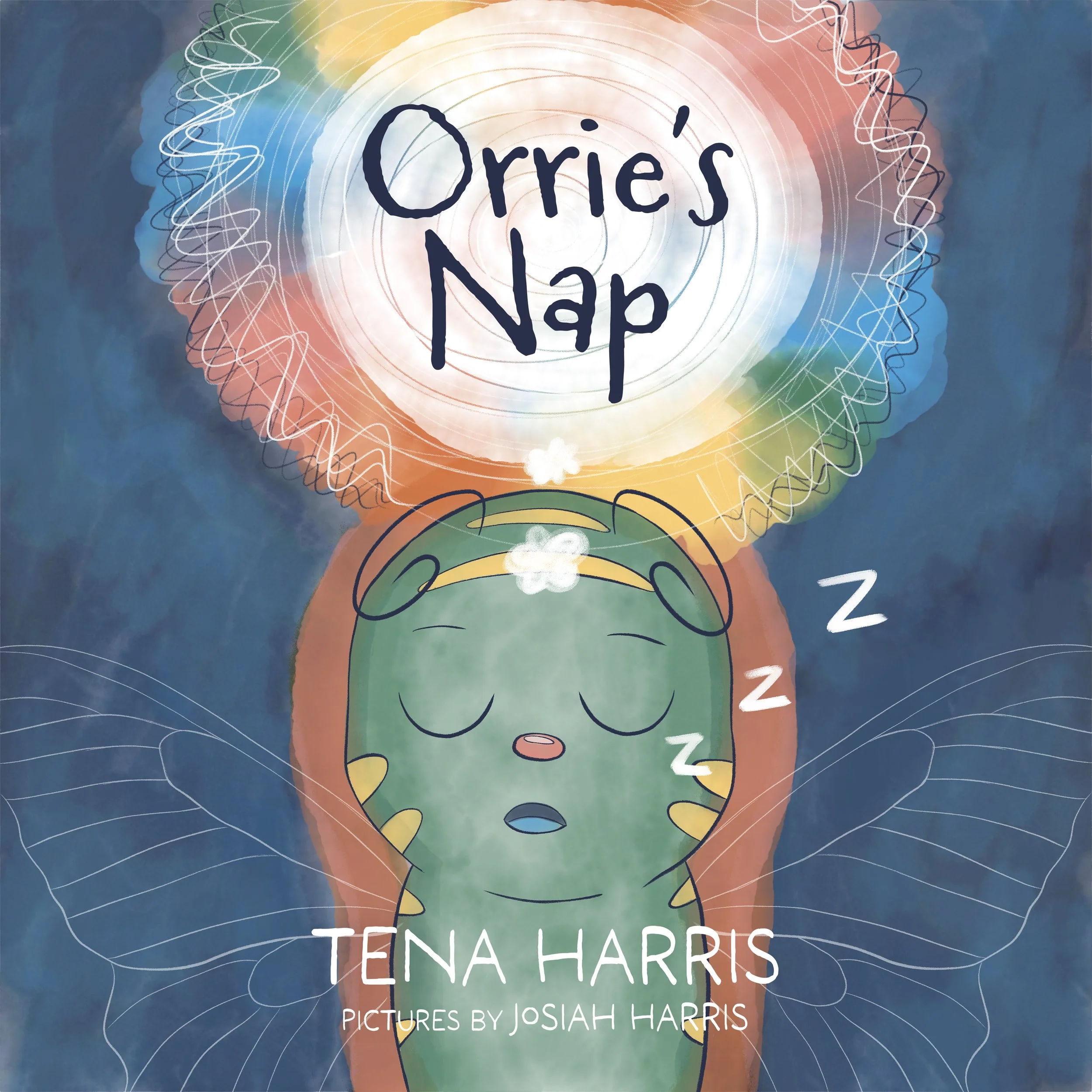 Book cover titled 'Orrie's Nap' by Tena Harris, with illustrations of a sleeping green dragon and a rainbow-colored background.