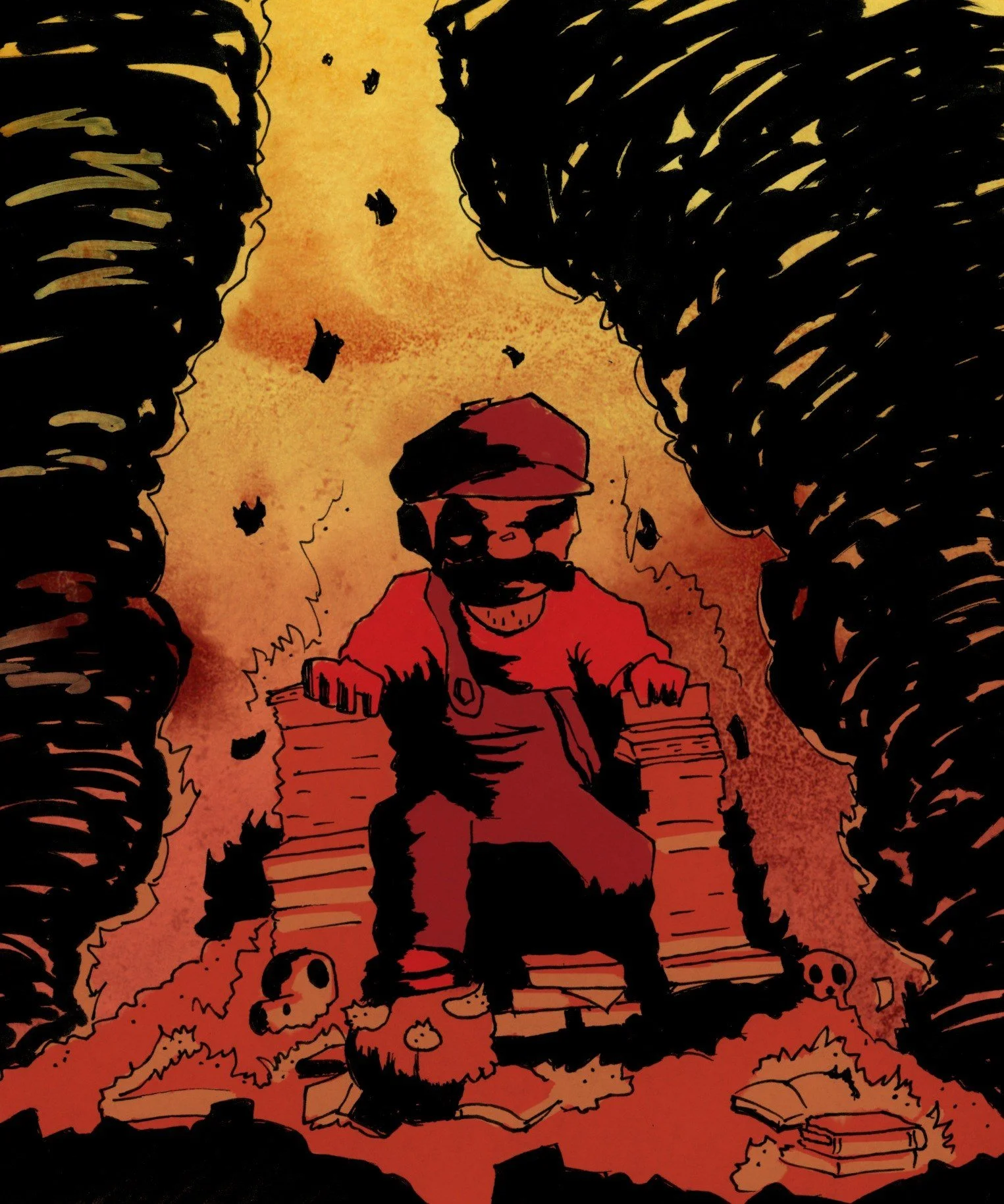 A cartoon-style illustration of a man with a beard, wearing a cap and sunglasses, sitting on a throne made of bricks amidst destruction. Skeletons and books are scattered around. Dark smoke and falling debris fill the background.