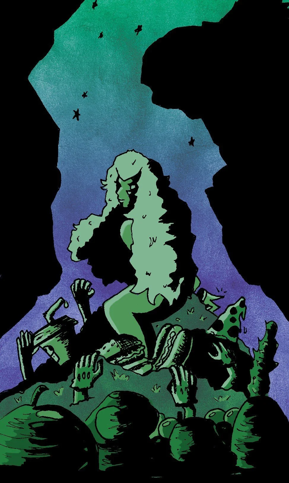 drawing of a person with long hair holding a burger in front of a large crowd outdoors at night with a starry sky