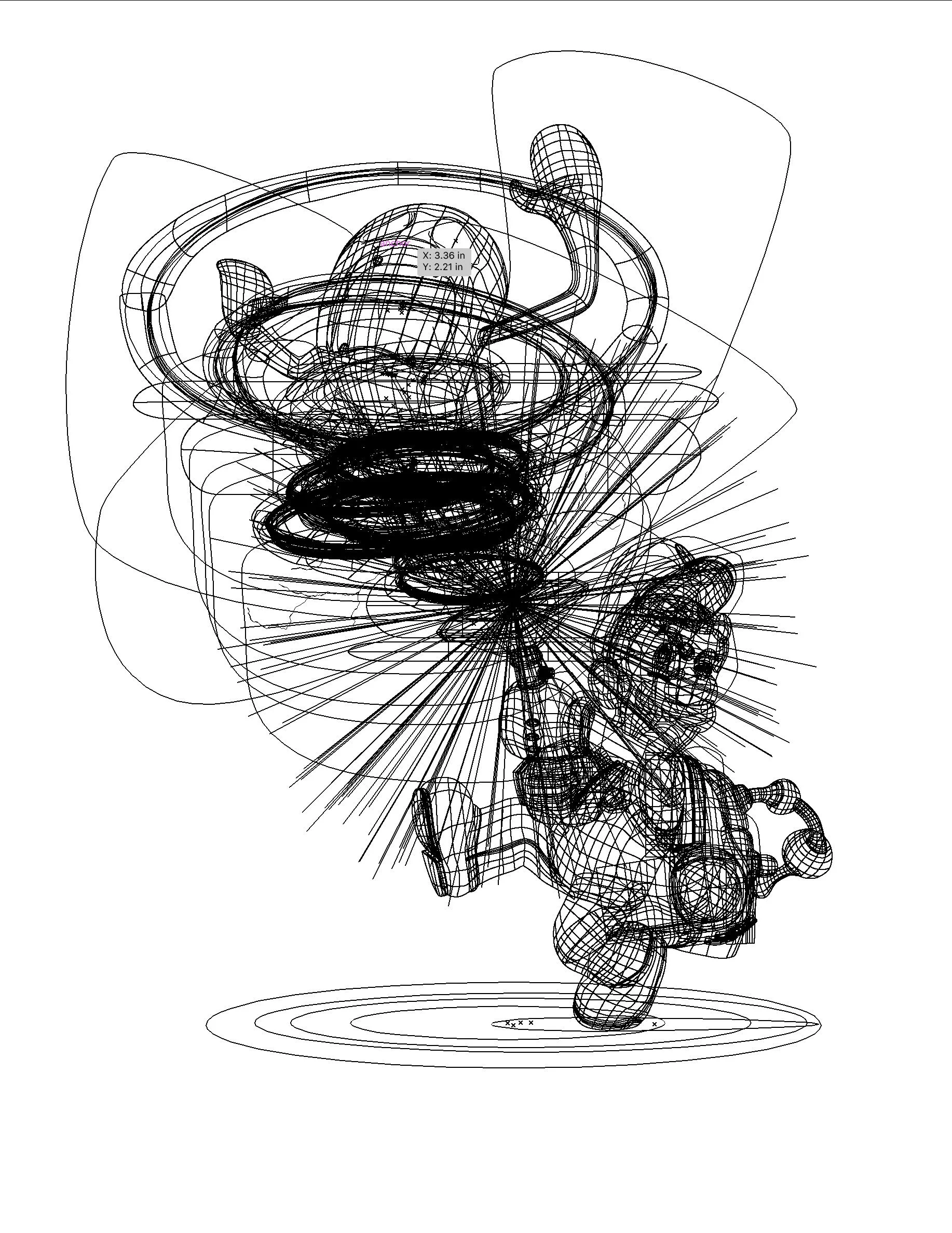 Wireframe 3D model of a flamingo standing on one leg with concentric rings at its base.