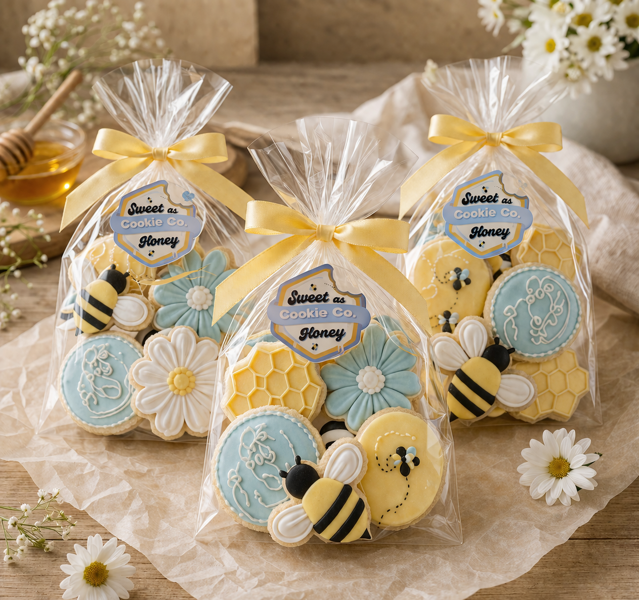Honey bee cookie treats on rustic table.png