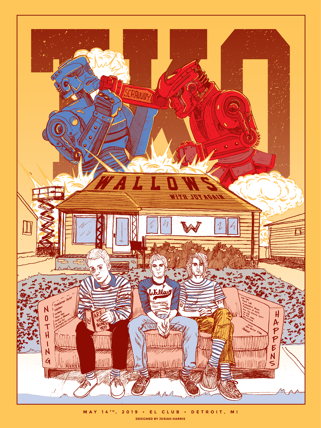 An illustrated poster for a concert titled "Wallows with Joygoh," held on May 14th, 2019, at El Club in Detroit, MI. The poster features three young men sitting on a couch outdoors in front of a house, with a large image of two fighting robots above 