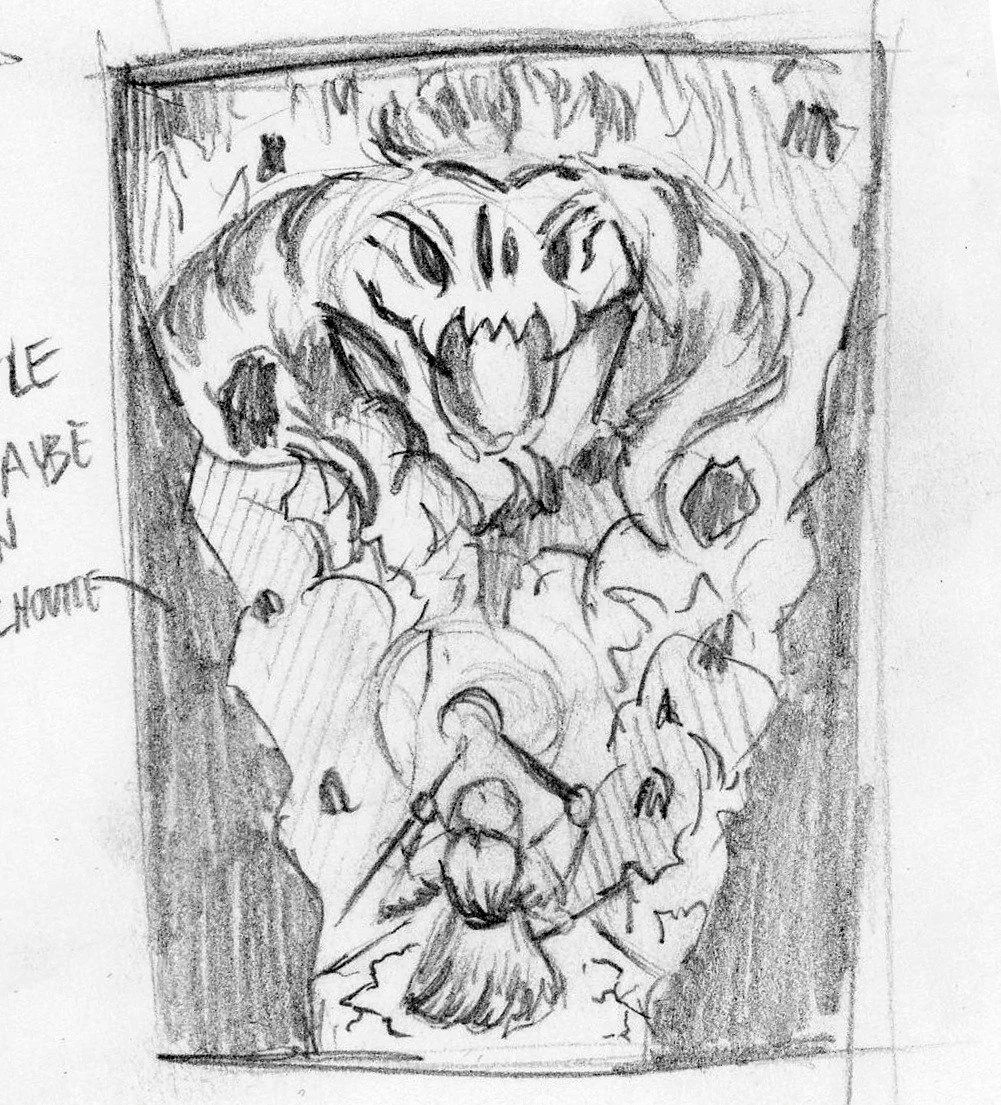 A pencil sketch of a woman flying on a broomstick towards a large, fierce dragon with sharp teeth and menacing eyes.