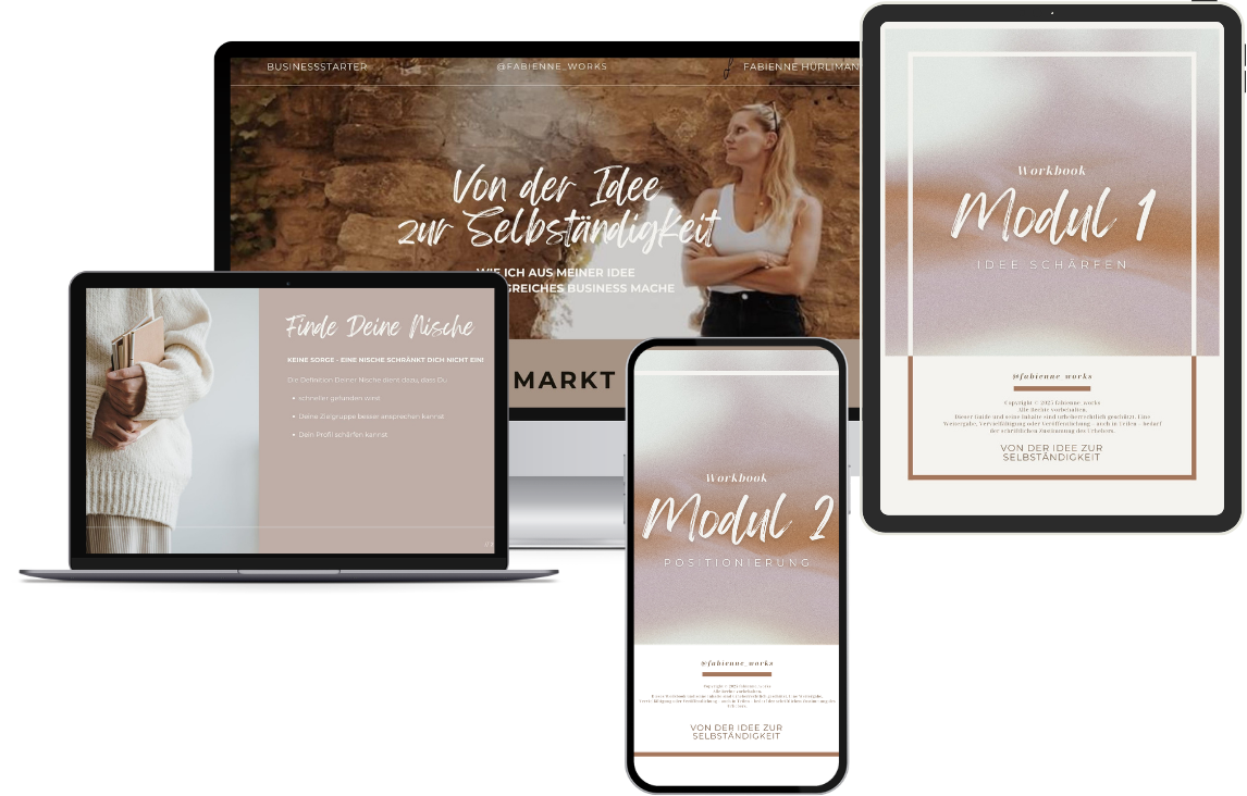 Verschiedene digitale Geräte zeigen Arbeitsmaterialien für ein Business-Coaching, inklusive Workbook-Module, ein Notizbuch und eine Präsentation