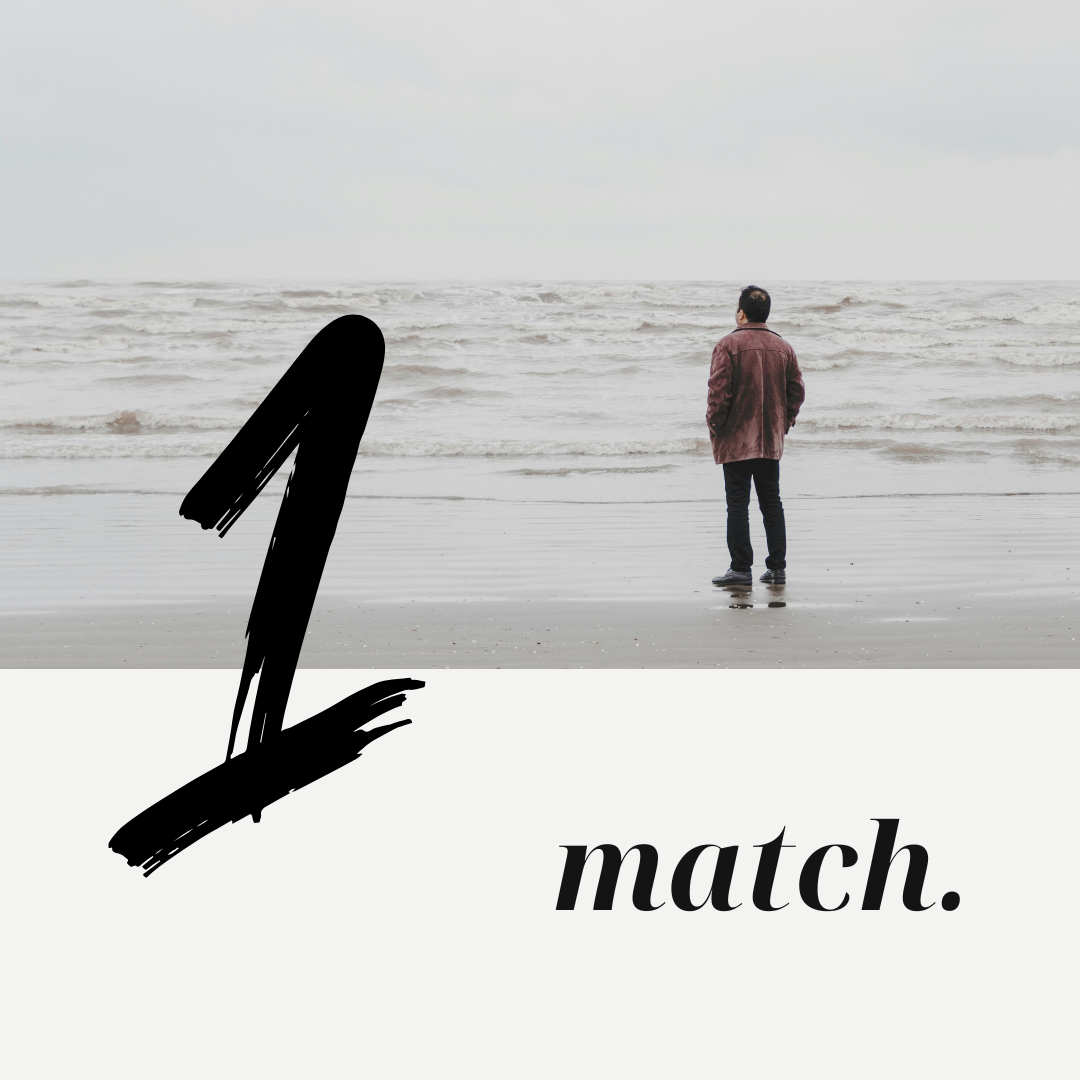 Ein Mann steht alleine am Strand und blickt aufs Meer, bei bewölktem Himmel, mit dem Text 'match.' darüber.