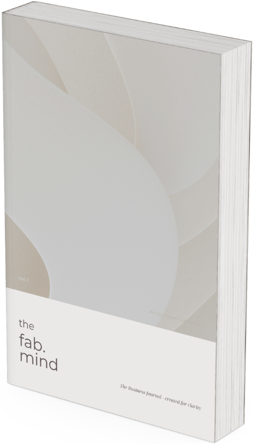 Beige-weißer Buchumschlag mit schlichten geometrischen Formen und dem Titel „the fab. mind“ in schwarzer Schrift