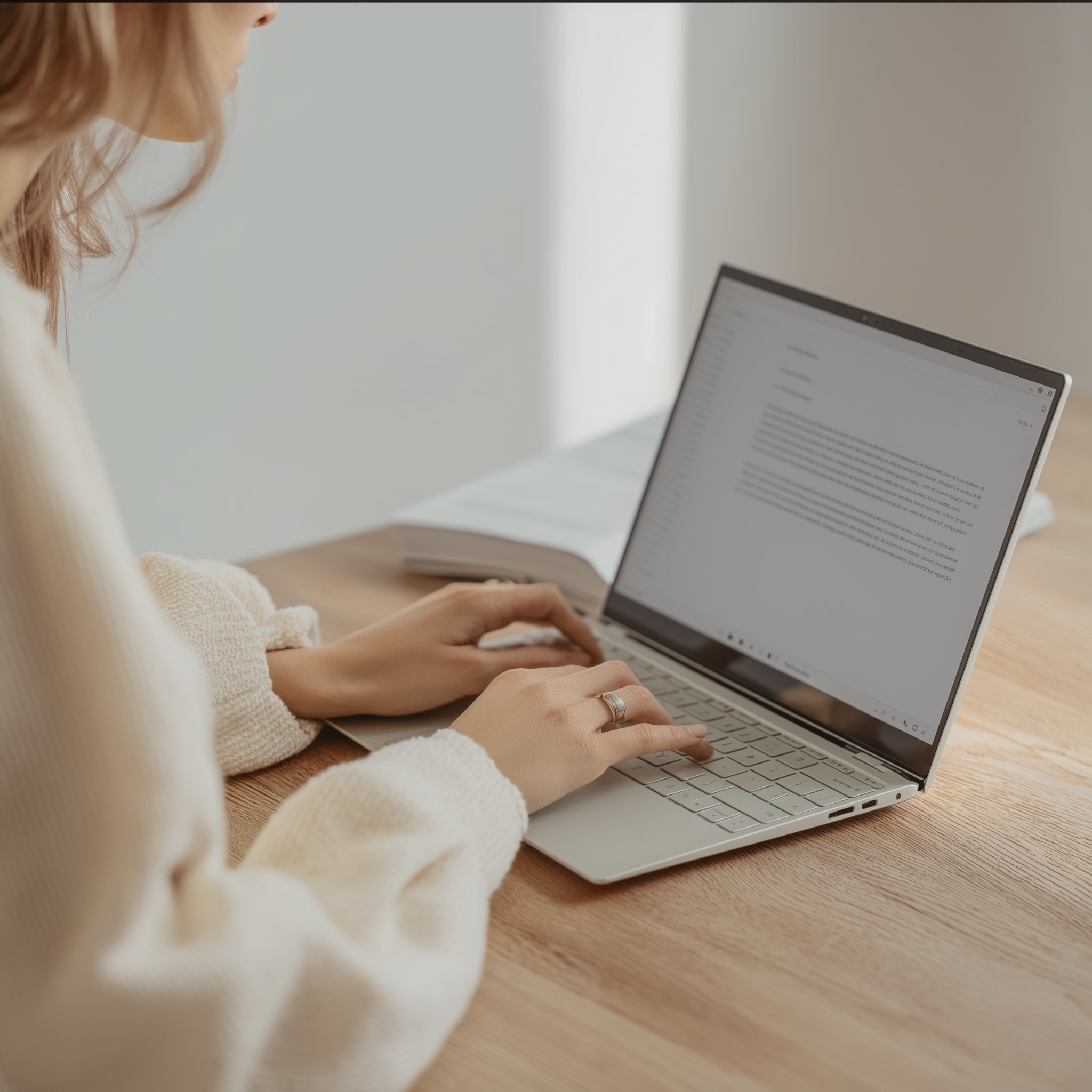 Person sitting cross-legged on a chair using a silver MacBook laptop in a bright room with white curtains.