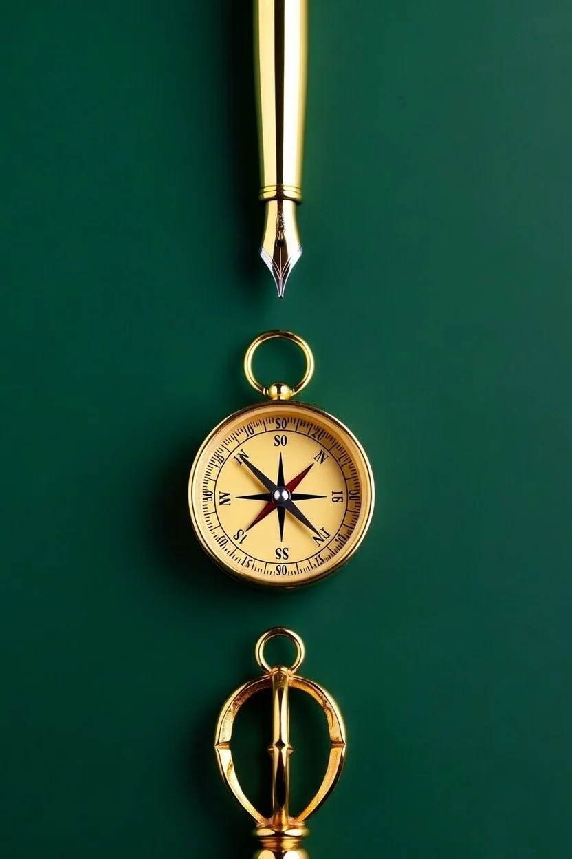 A gold fountain pen pointing downward, a gold compass with a black and white face showing north-northeast direction, and a small gold bracelet with a decorative clasp, all arranged vertically on a dark green background.