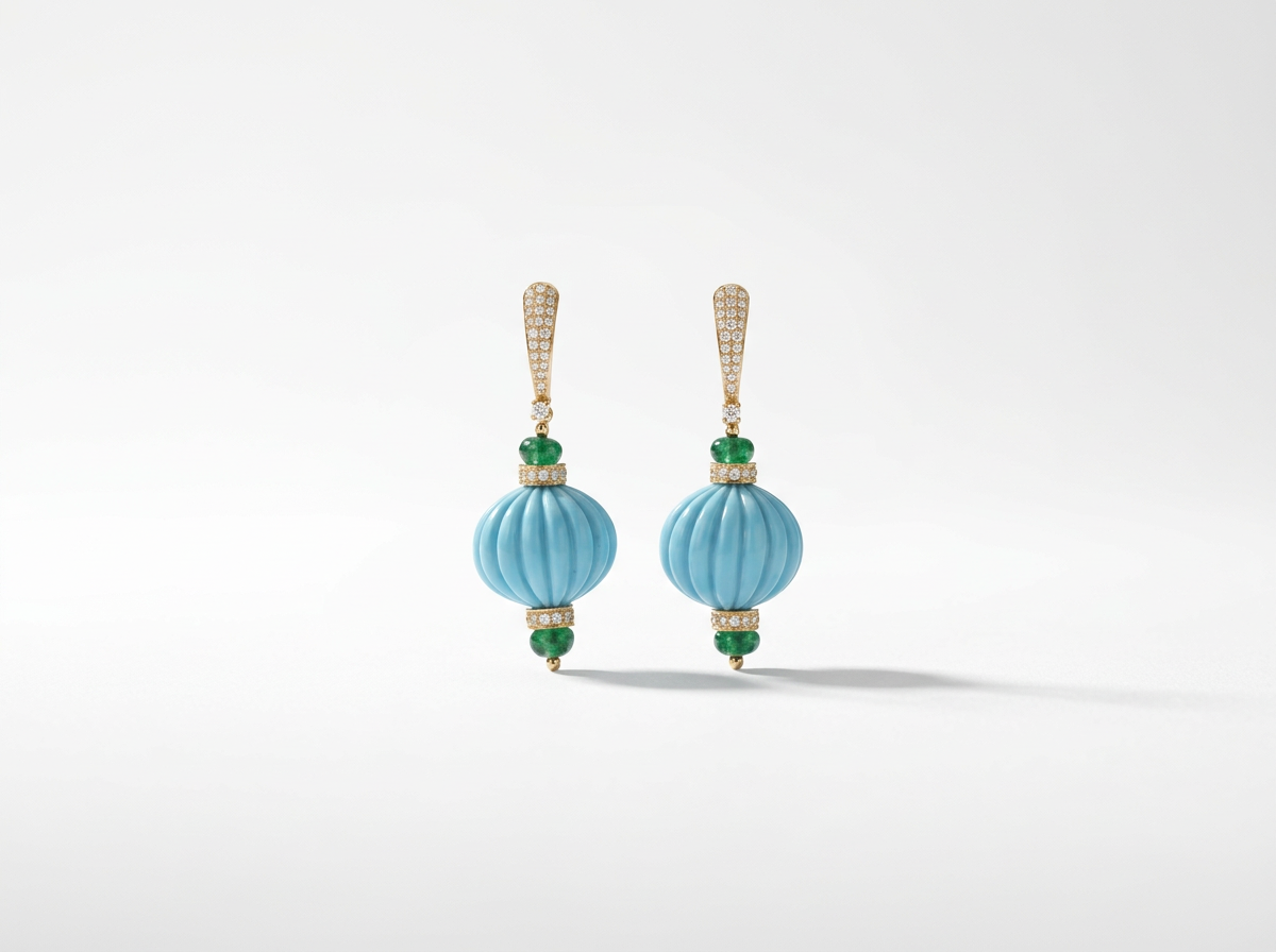 18K Gold Diamond, Emerald, & Turquoise Orb Earrings