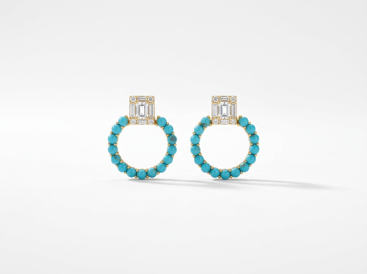 14K Gold Diamond Baguette & Turquoise Earrings