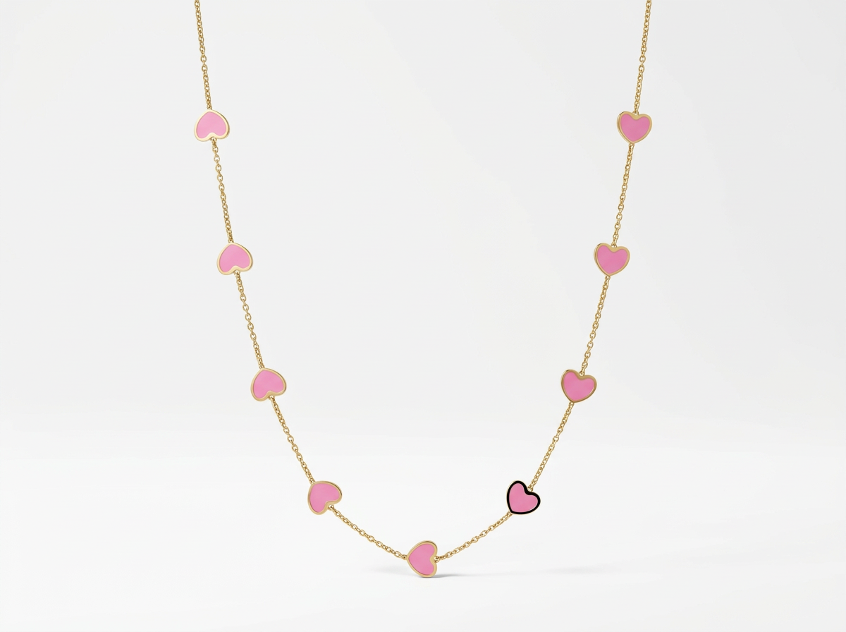 14K Solid Yellow Gold Inlay Heart Chain