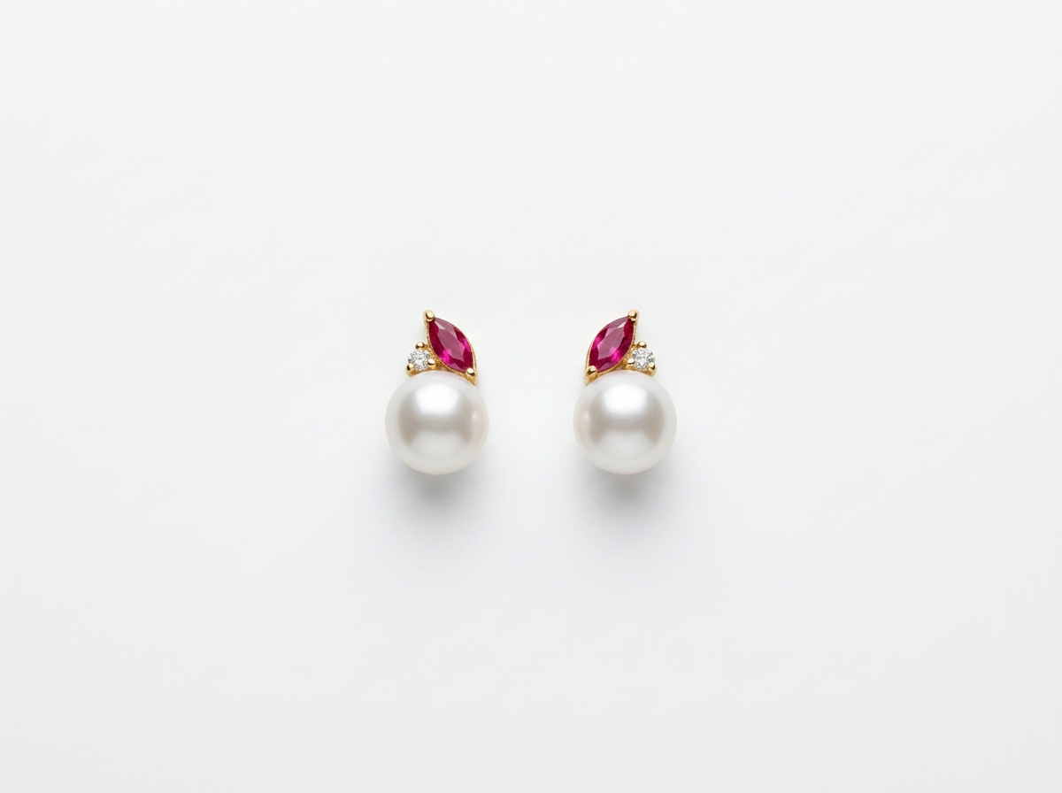 14K Gold Diamond, Ruby, & Pearl Earrings