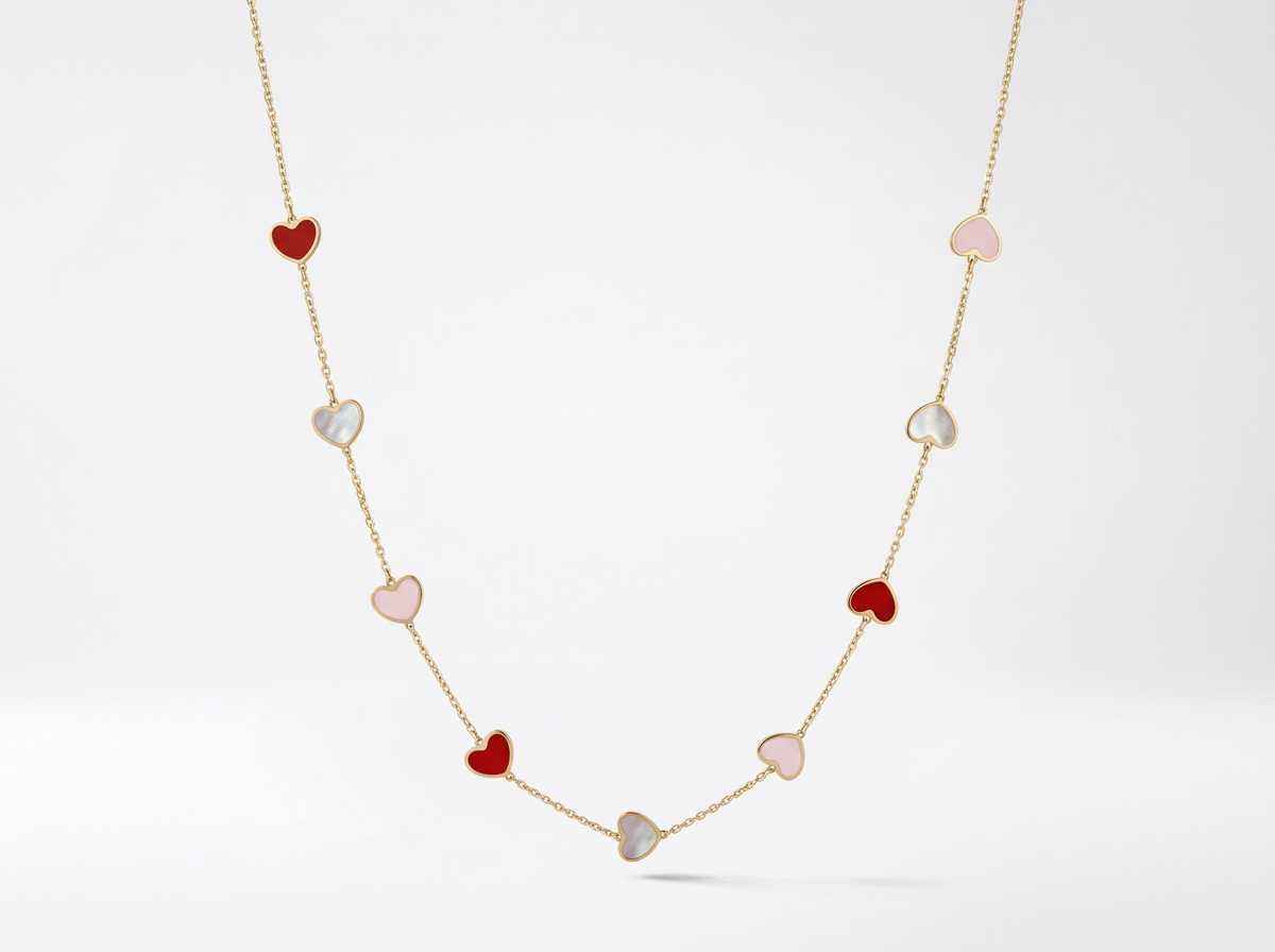 14K Solid Yellow Gold Inlay Heart Chain