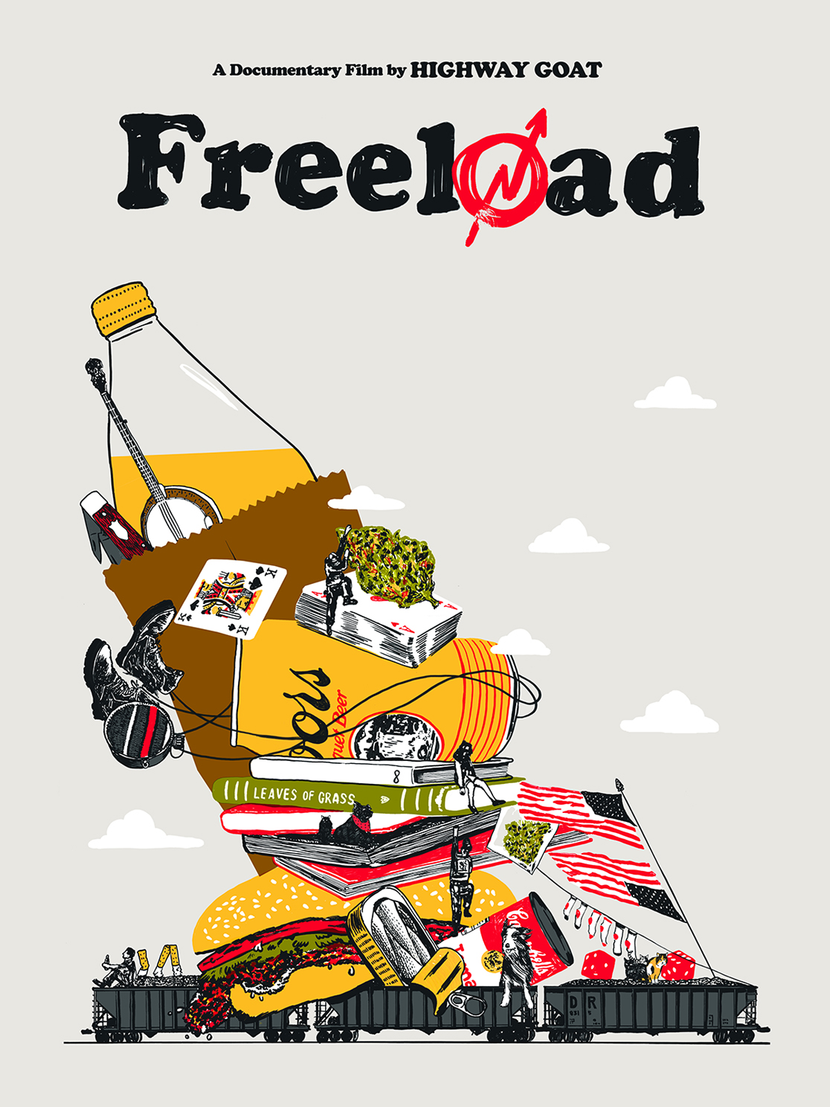 Illustration of various Americana, including a bottle of alcohol, guitar, playing cards, marijuana, headphones, books, American flag, and food, with tiny people around the objects, and text that says 'A Documentary Film by Highway Goat Freeload'.