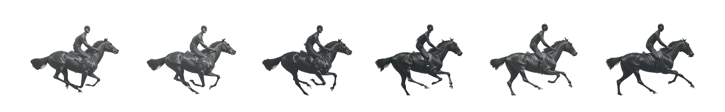 Sequence of six black and white illustrations of a horse and rider jumping over a hurdle in a race.