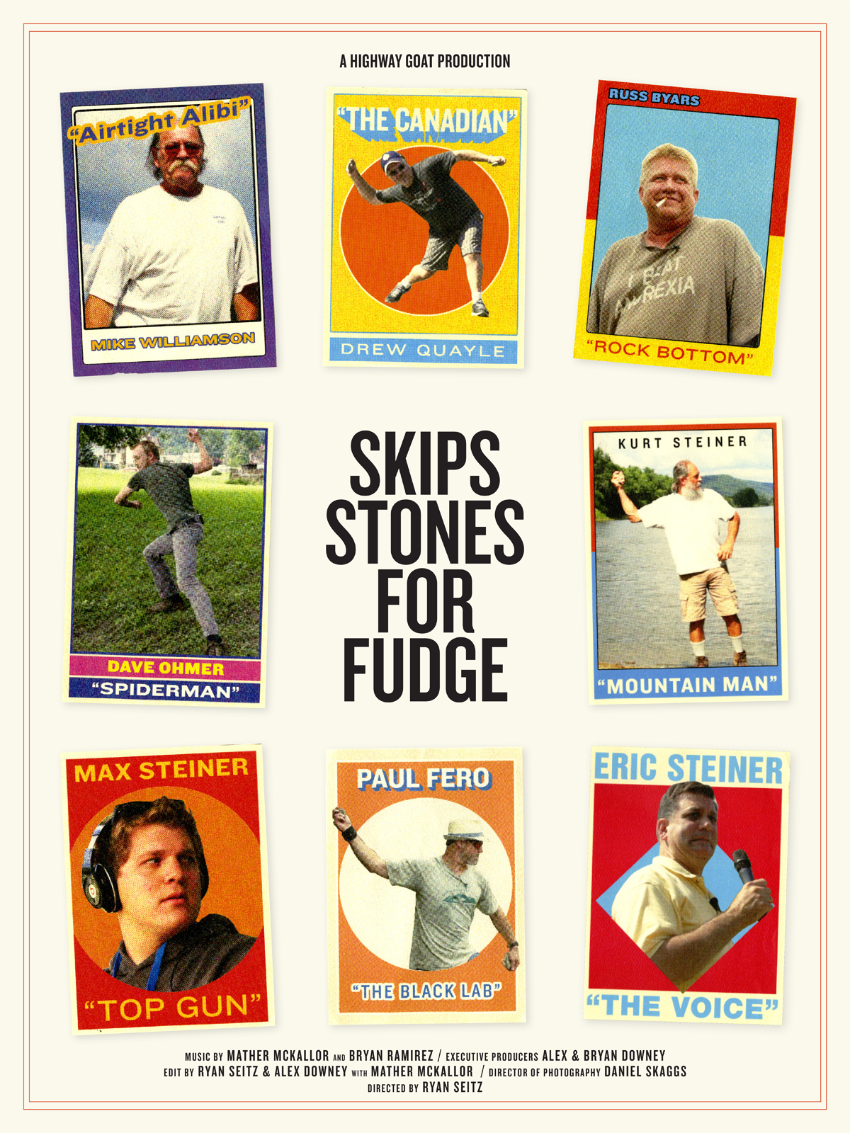 A movie poster titled 'Skip Stones for Fudge' features nine photographs of men with humorous captions and names, arranged in a grid around a central title.