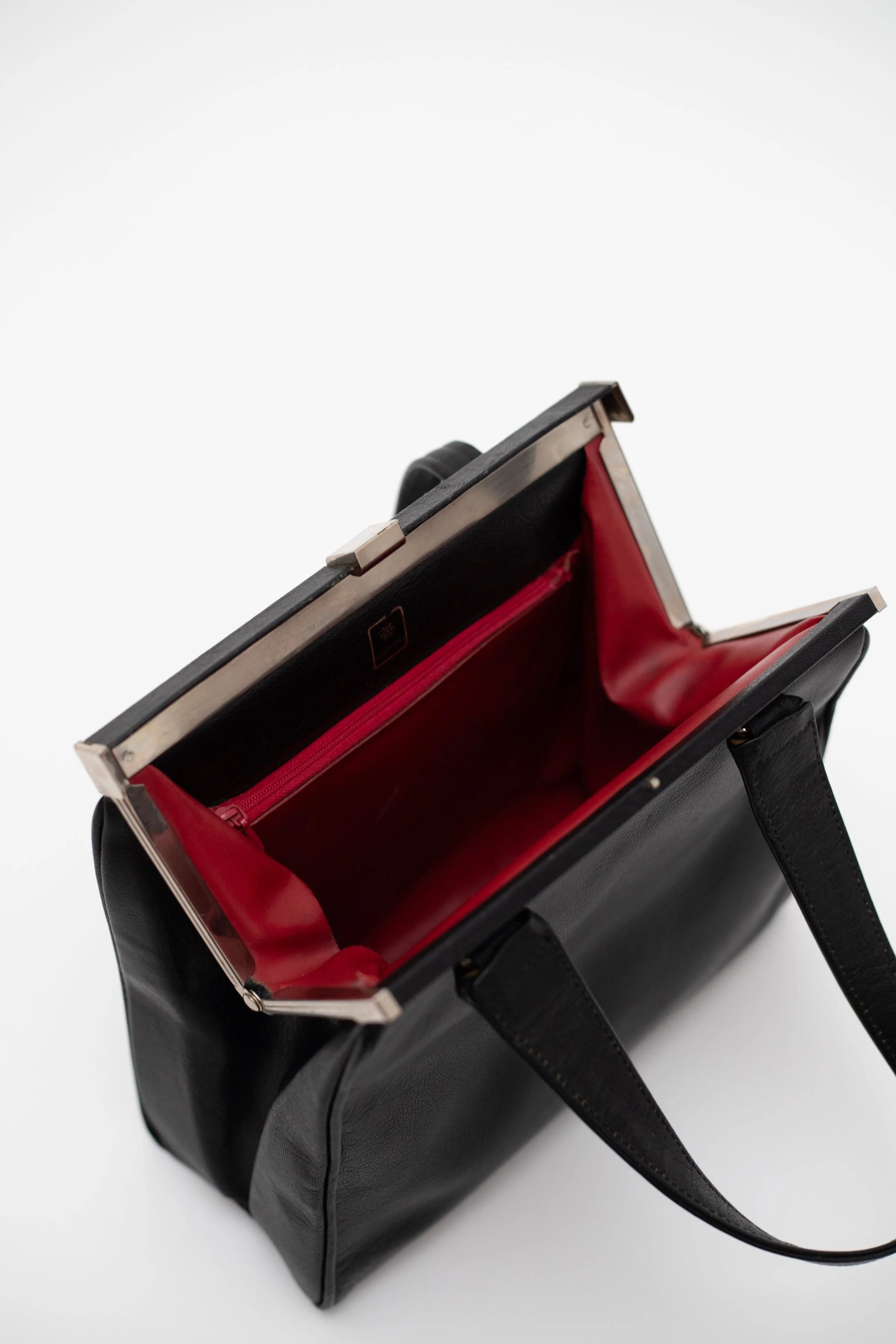 1950s Classic Black Leather Bag with Red Interior