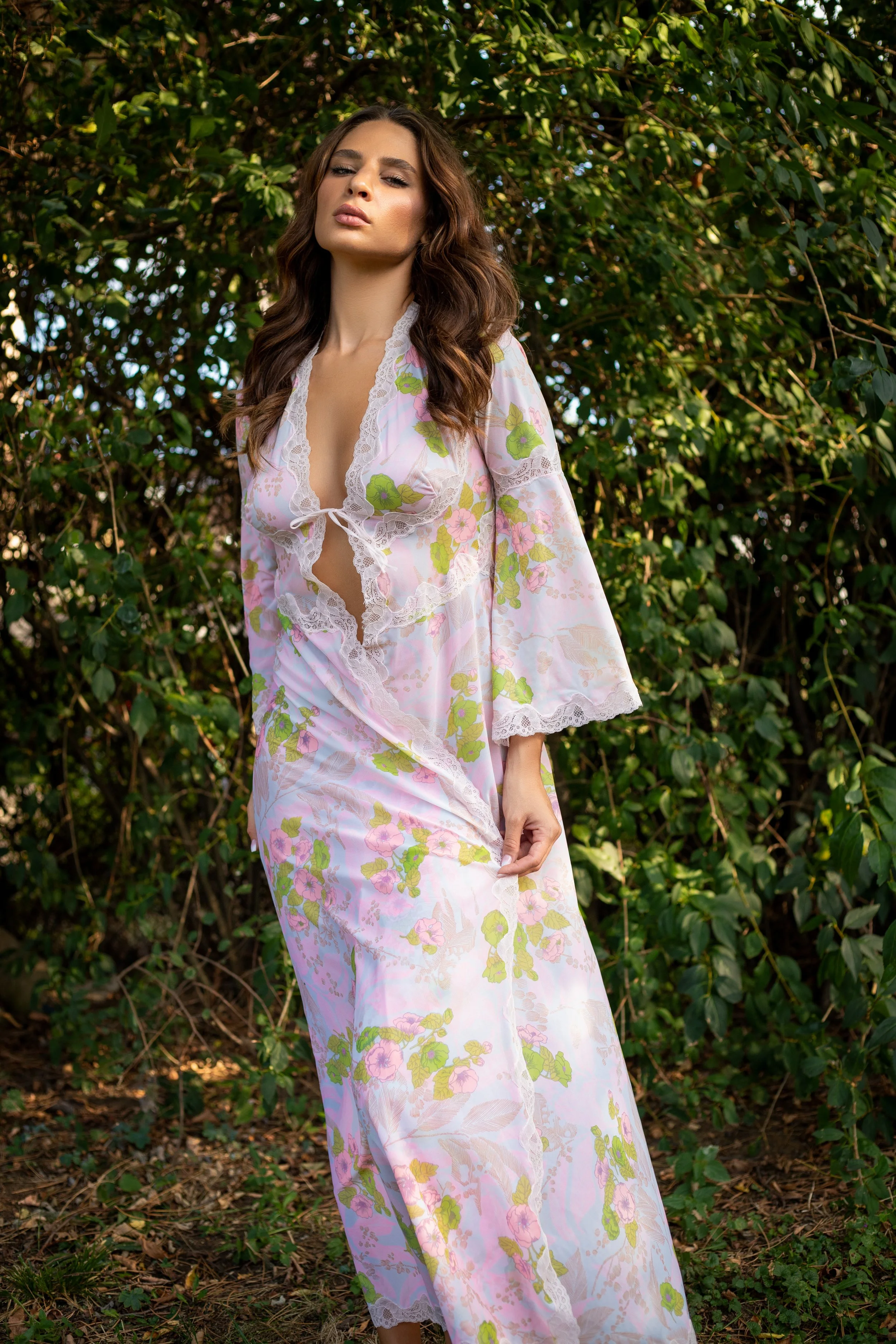 1970s Vintage Floral Night Robe With Angel Sleeves