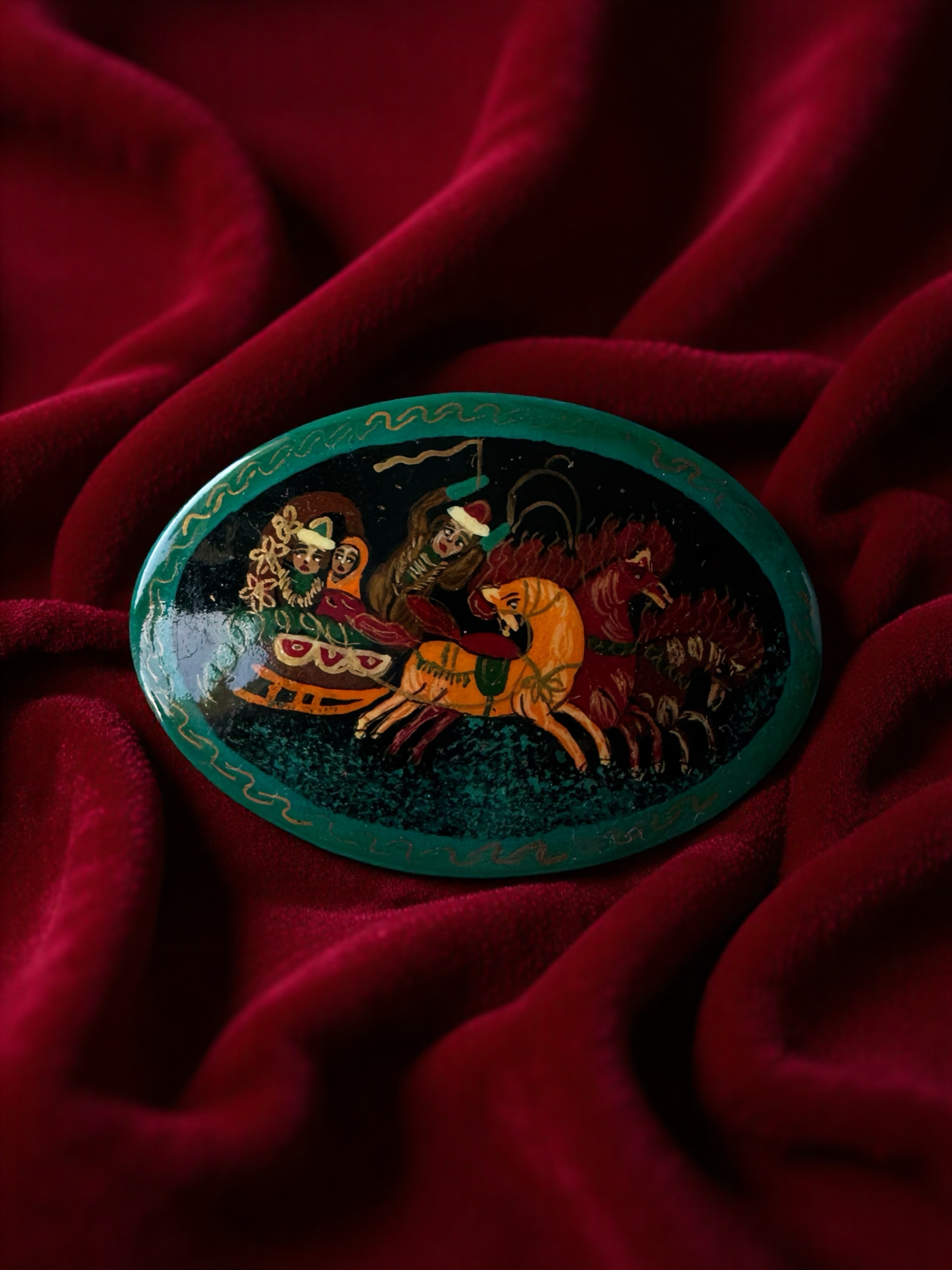 Handcrafted Russian Troika Lacquer Brooch