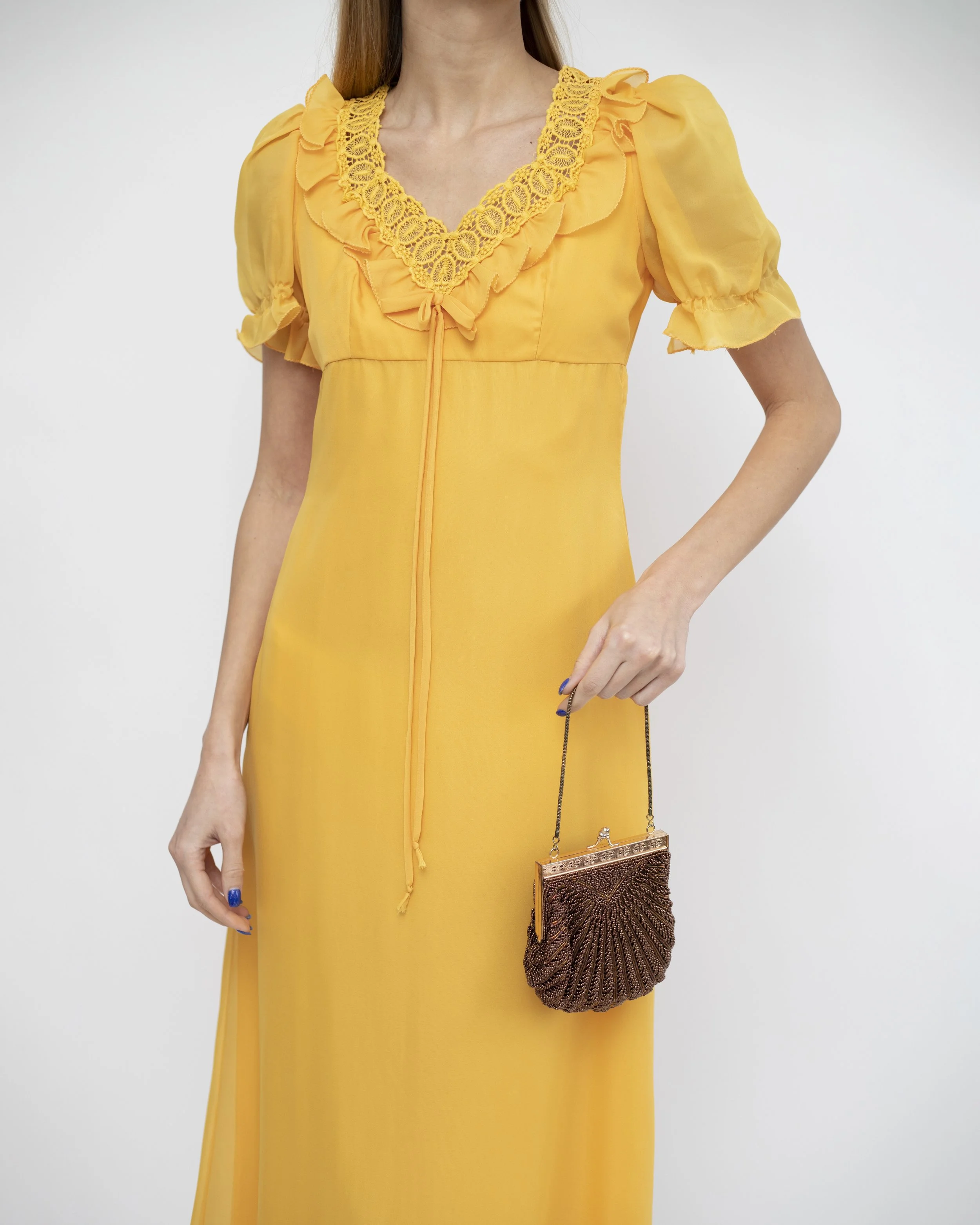 Vintage Mustered Yellow 60s Dress