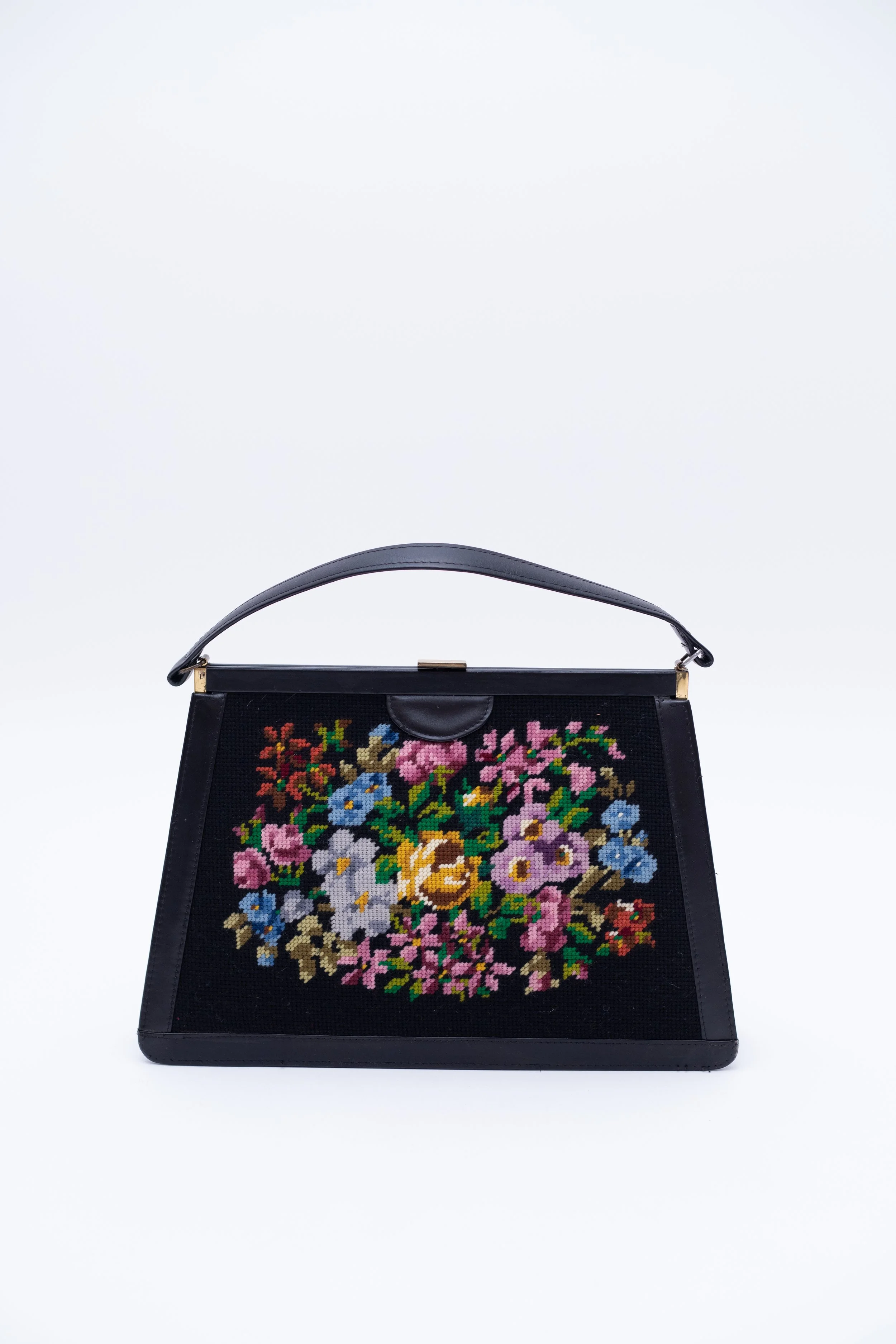 Vintage  Leather Tapestry Bag with Floral Design