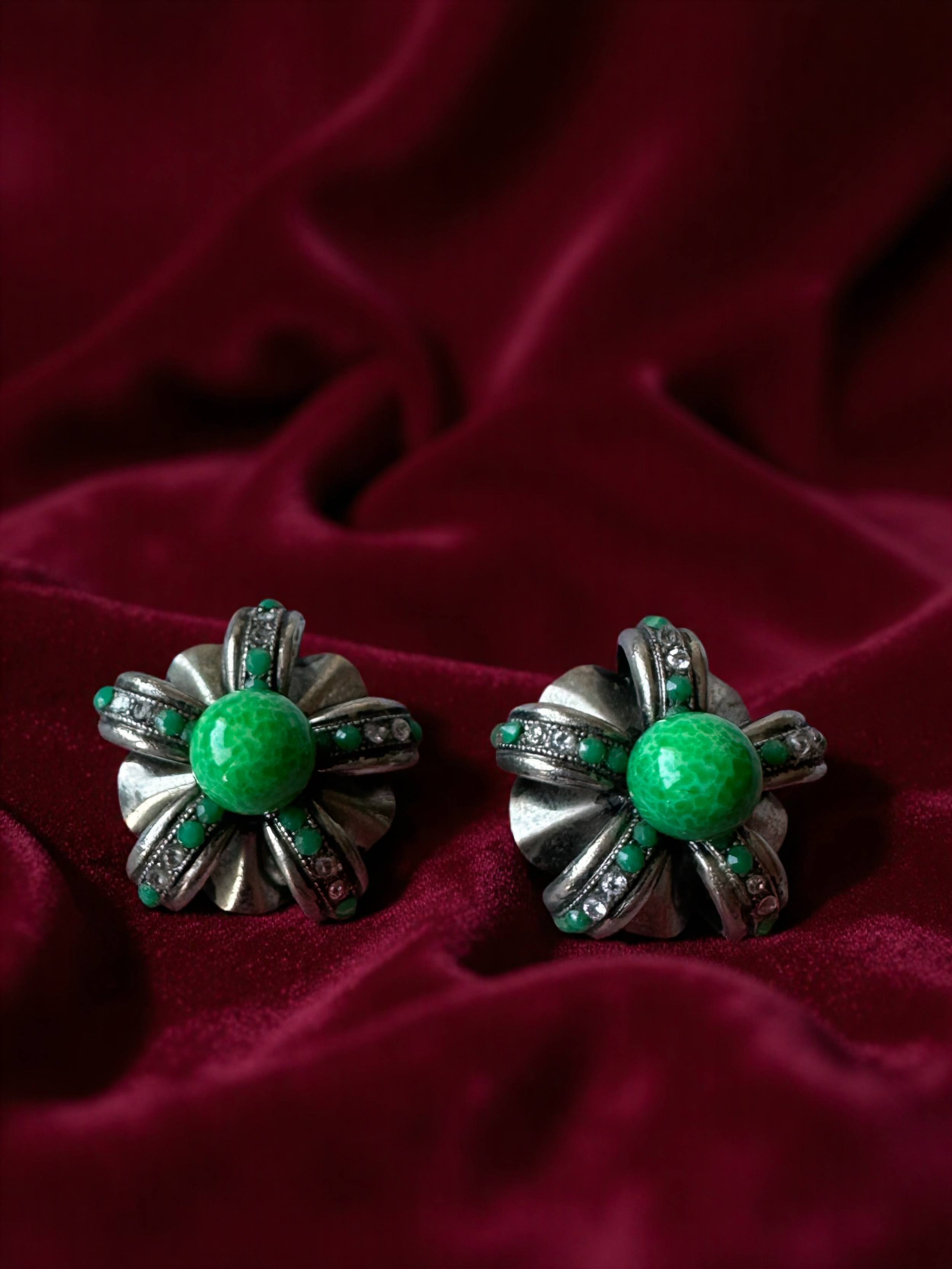 Mid-Century Silver Tone Earrings with Green Cabochon