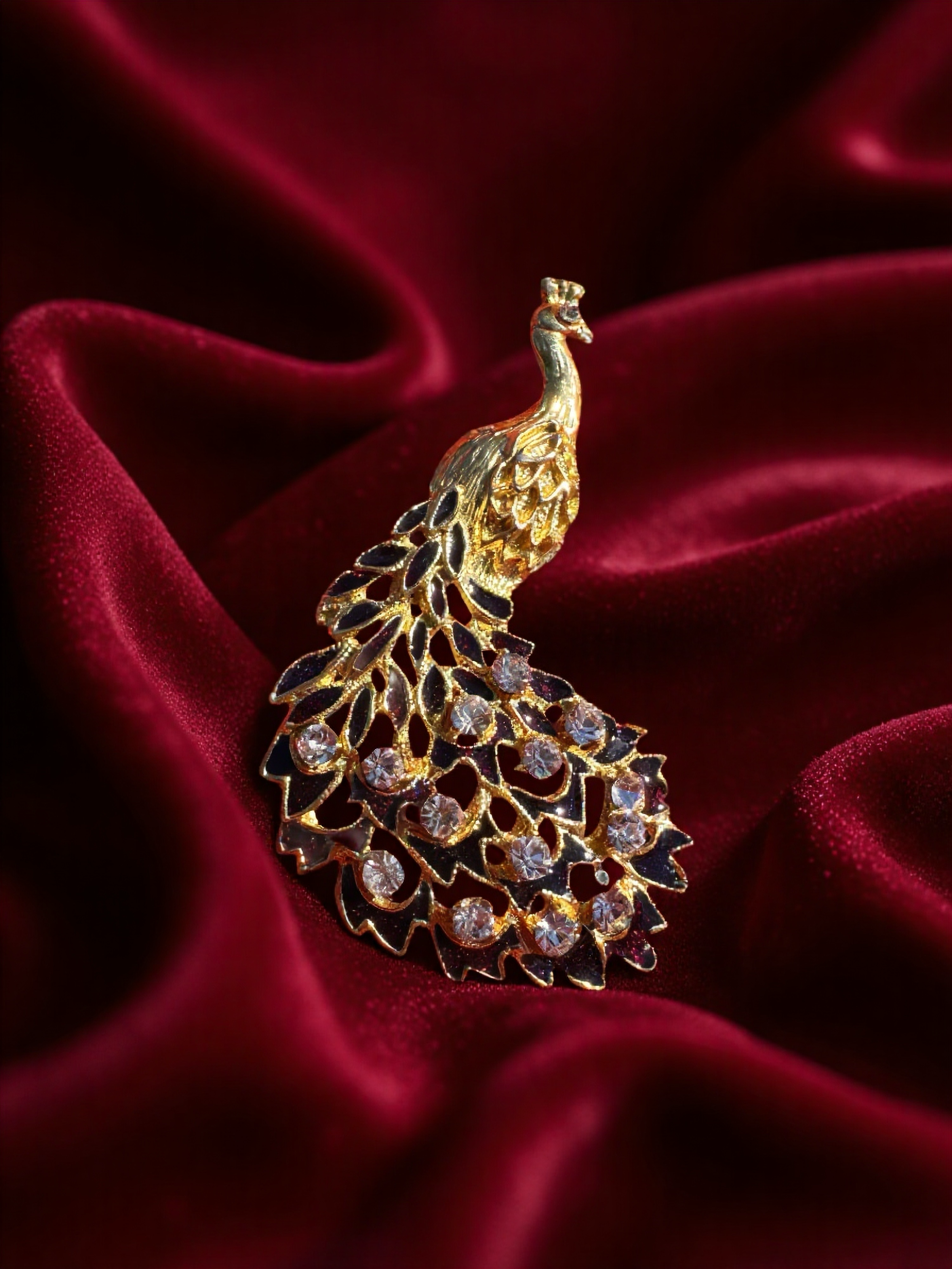 Vintage Gold-Tone Peacock Brooch with  Rhinestone Feathers