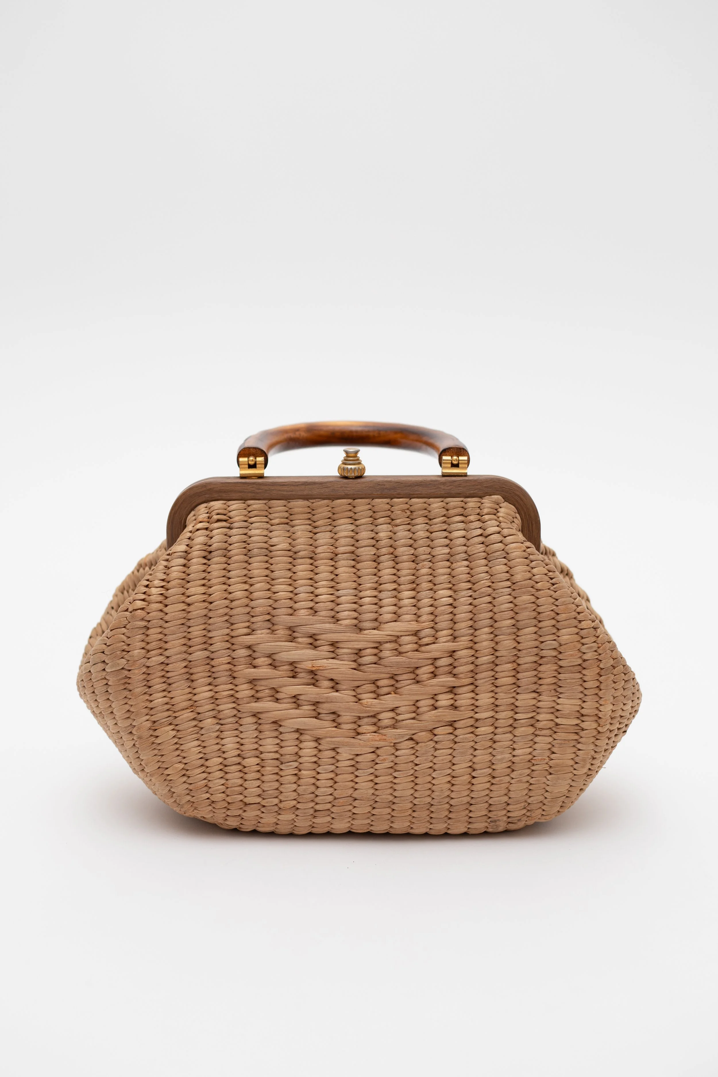 Vintage Woven Handbag with Wooden Handle