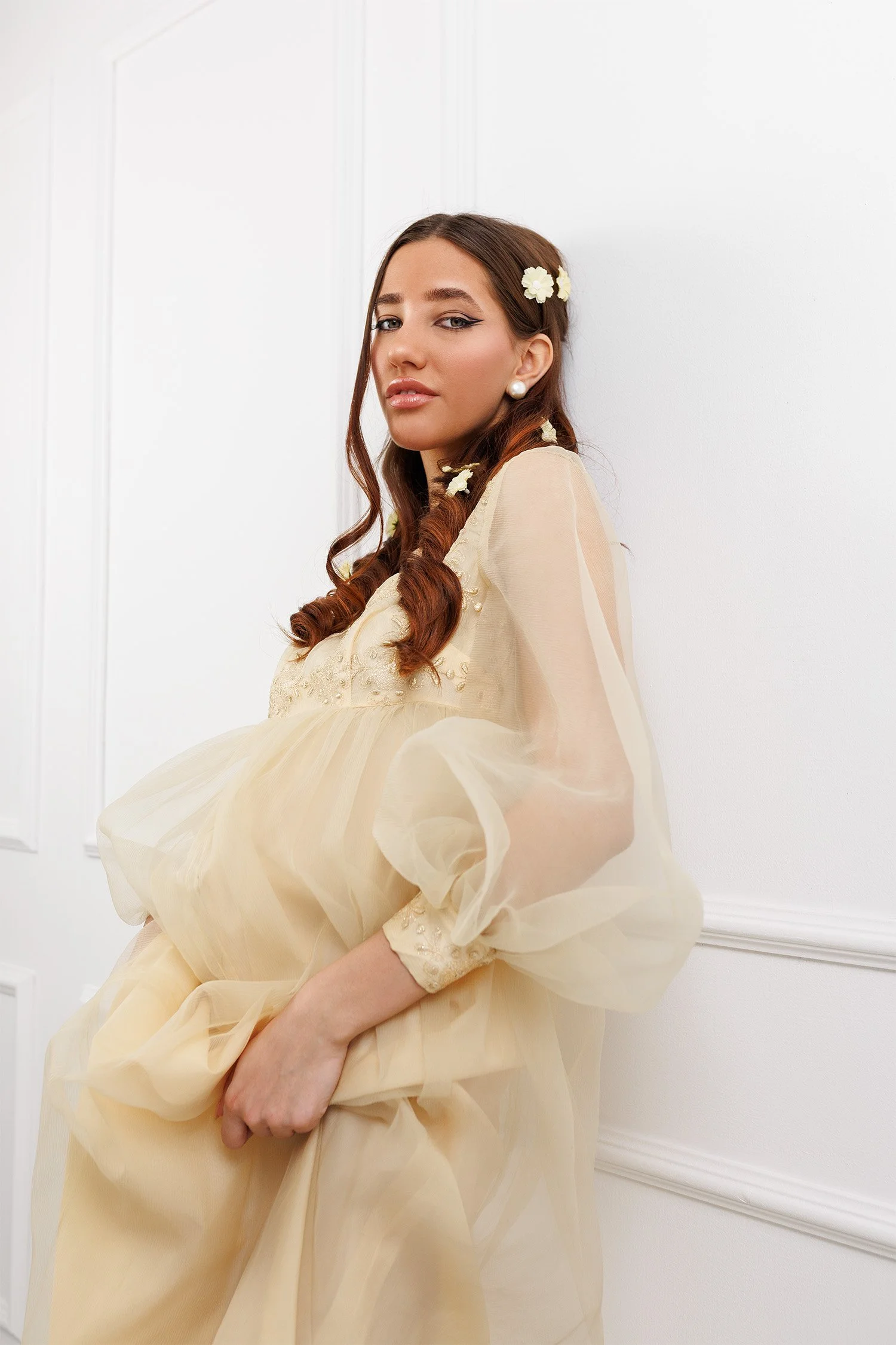 Vintage Yellow Chiffon Long Sleeve Maxi Dress